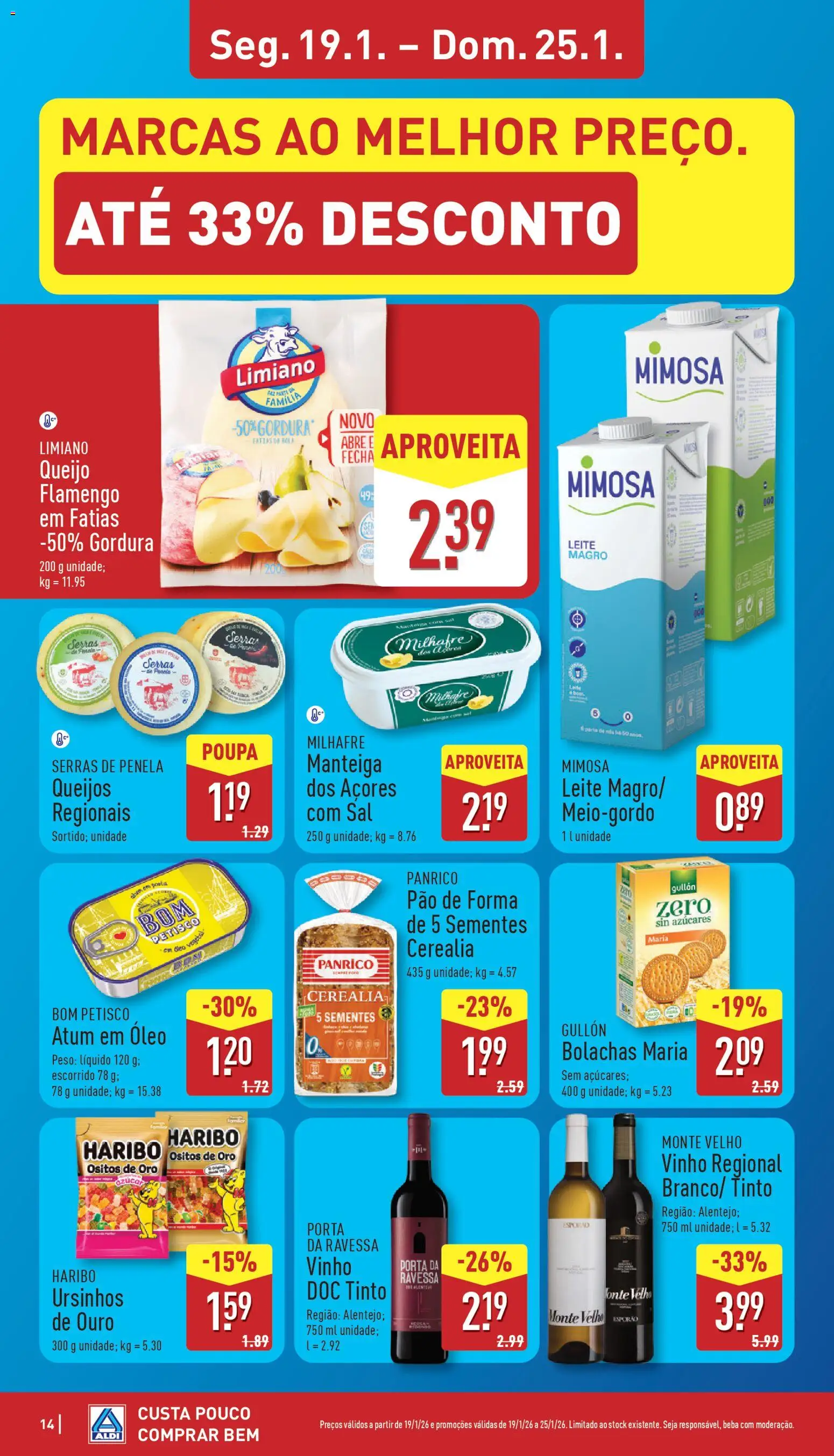 Aldi folheto │ válido de 19.01.2026 | Página: 14 | Produtos: Bolachas, Leite, Pão, Vinho