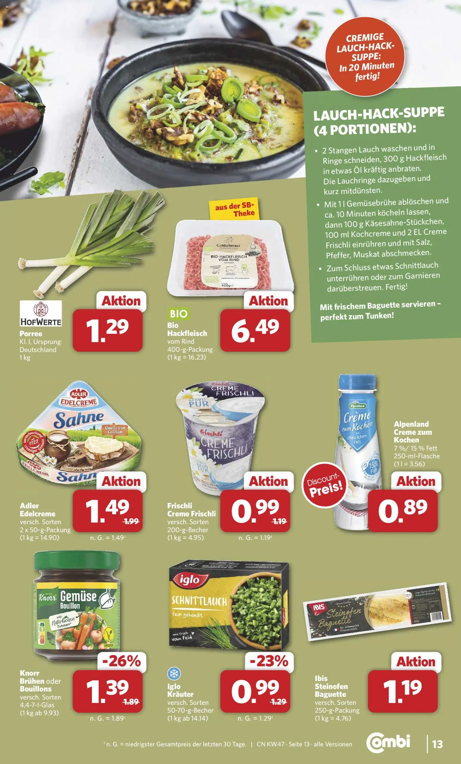 Combi Prospekt 	 – gültig ab 17.11.2025 | Seite: 13 | Produkte: Theke, Iglo, Baguette, Sahne