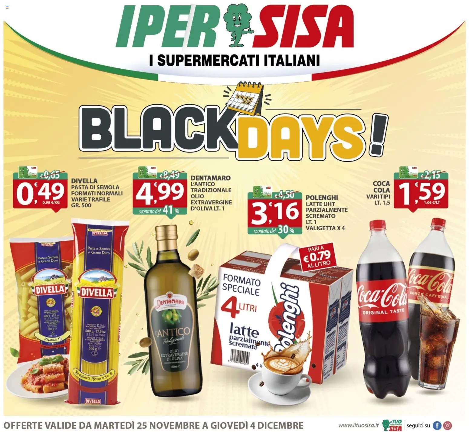 Volantino SISA del 25.11.2025 | Pagina: 1 | Prodotti: Latte, Olio, Pasta, Valigetta