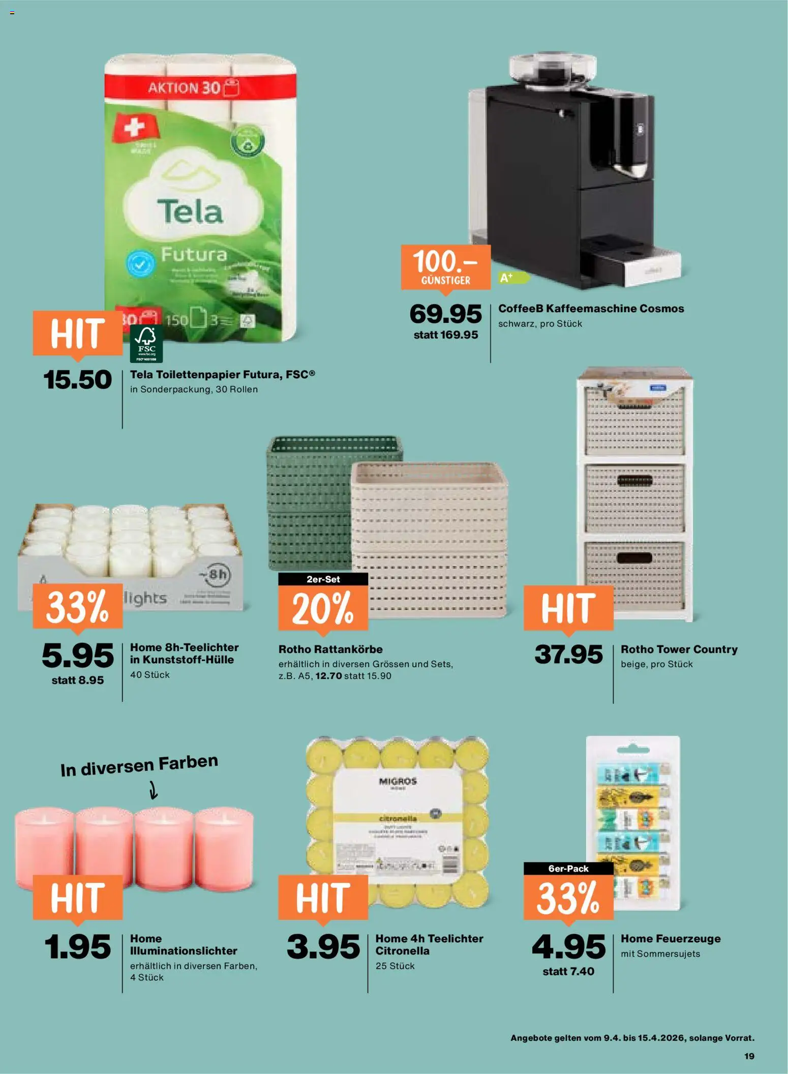 Migros aktionen – gültig ab 09.04.2026 | Seite: 19 | Produkte: Kaffeemaschine, Toilettenpapier