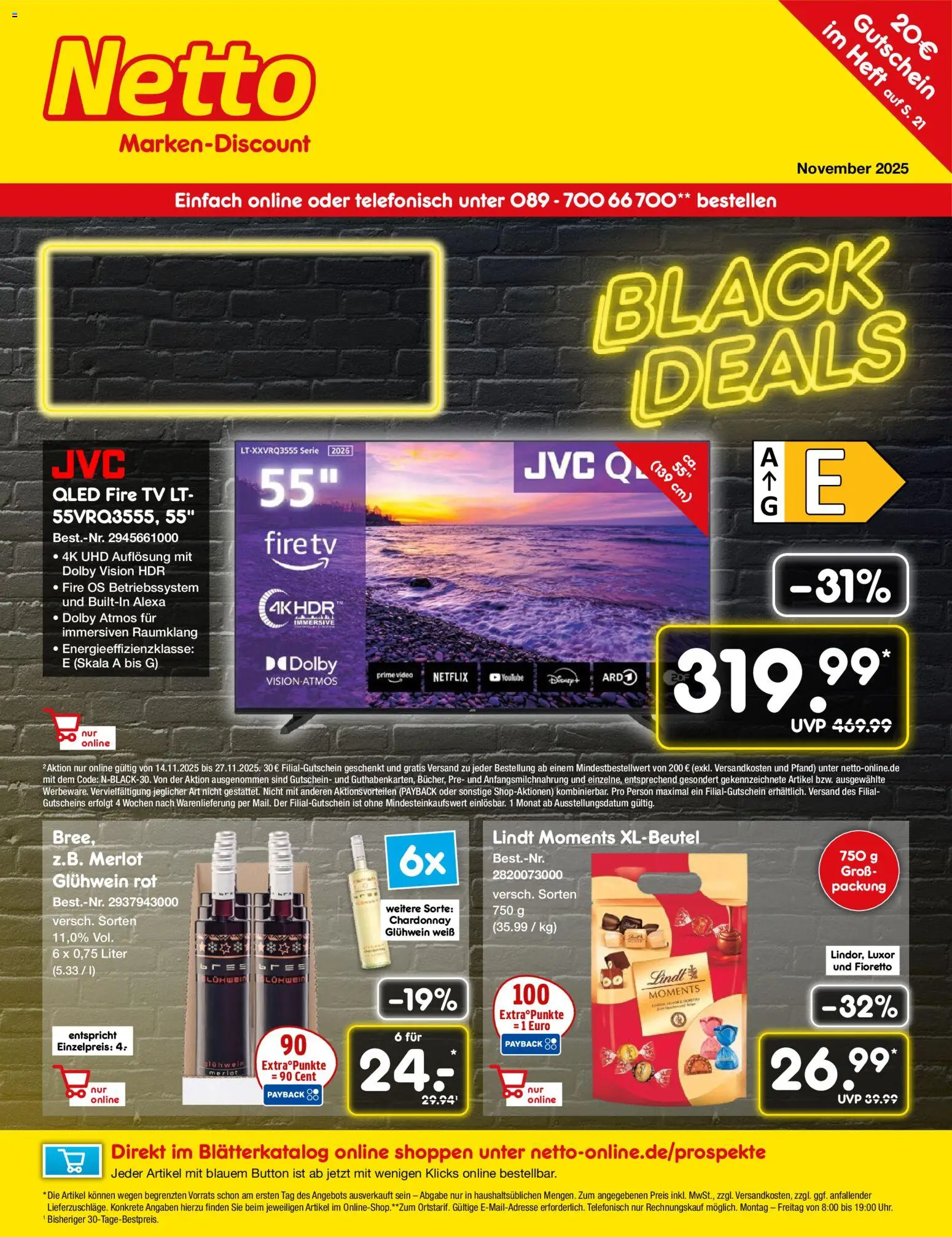 Netto Marken-Discount - Black Friday – gültig ab 01.11.2025 | Seite: 1 | Produkte: Merlot, Lindt, TV, Video