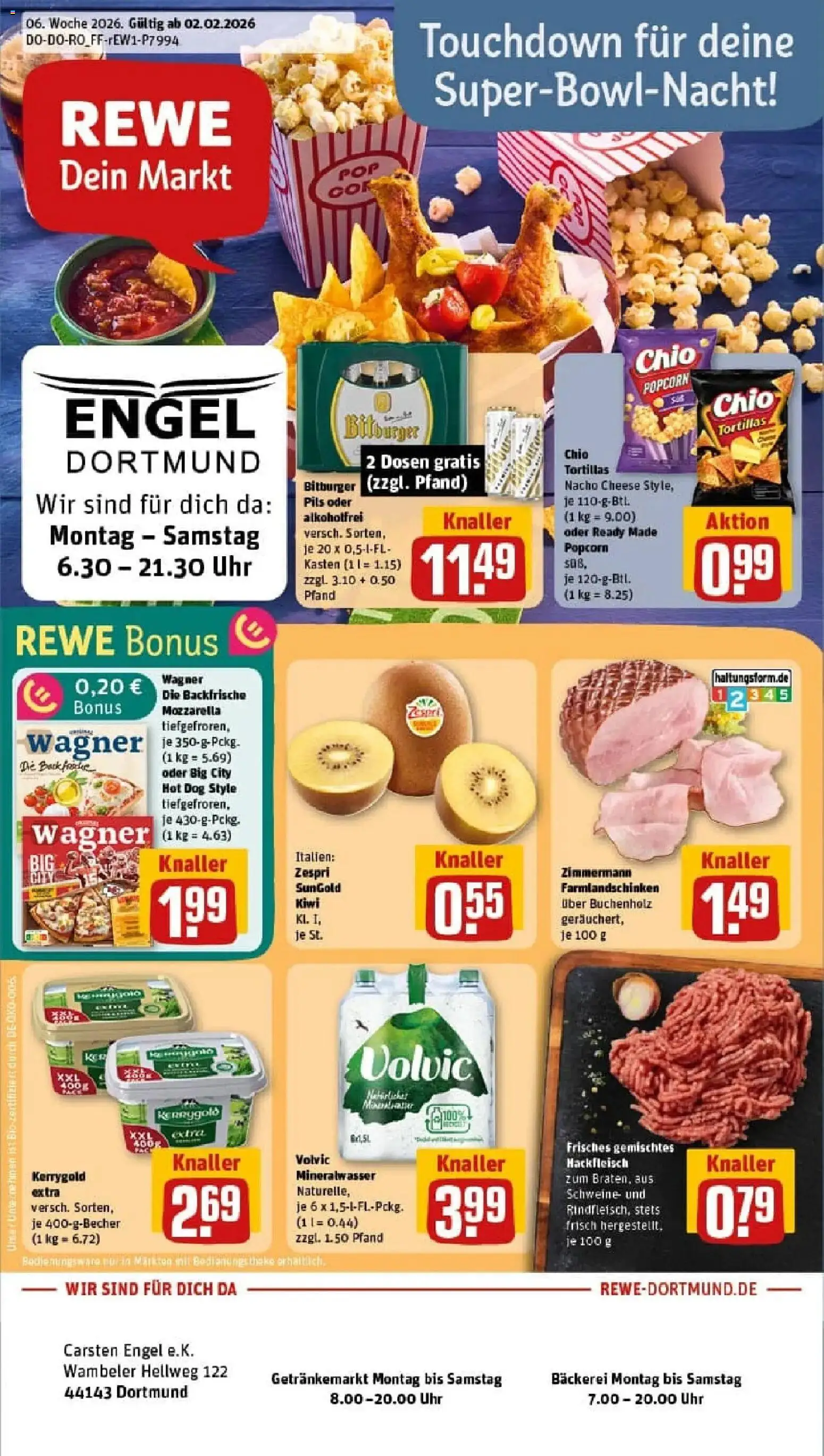 Rewe prospekt Dortmund	 – gültig ab 02.02.2026 | Seite: 1 | Produkte: Bitburger, Mozzarella, Chio tortillas, Volvic