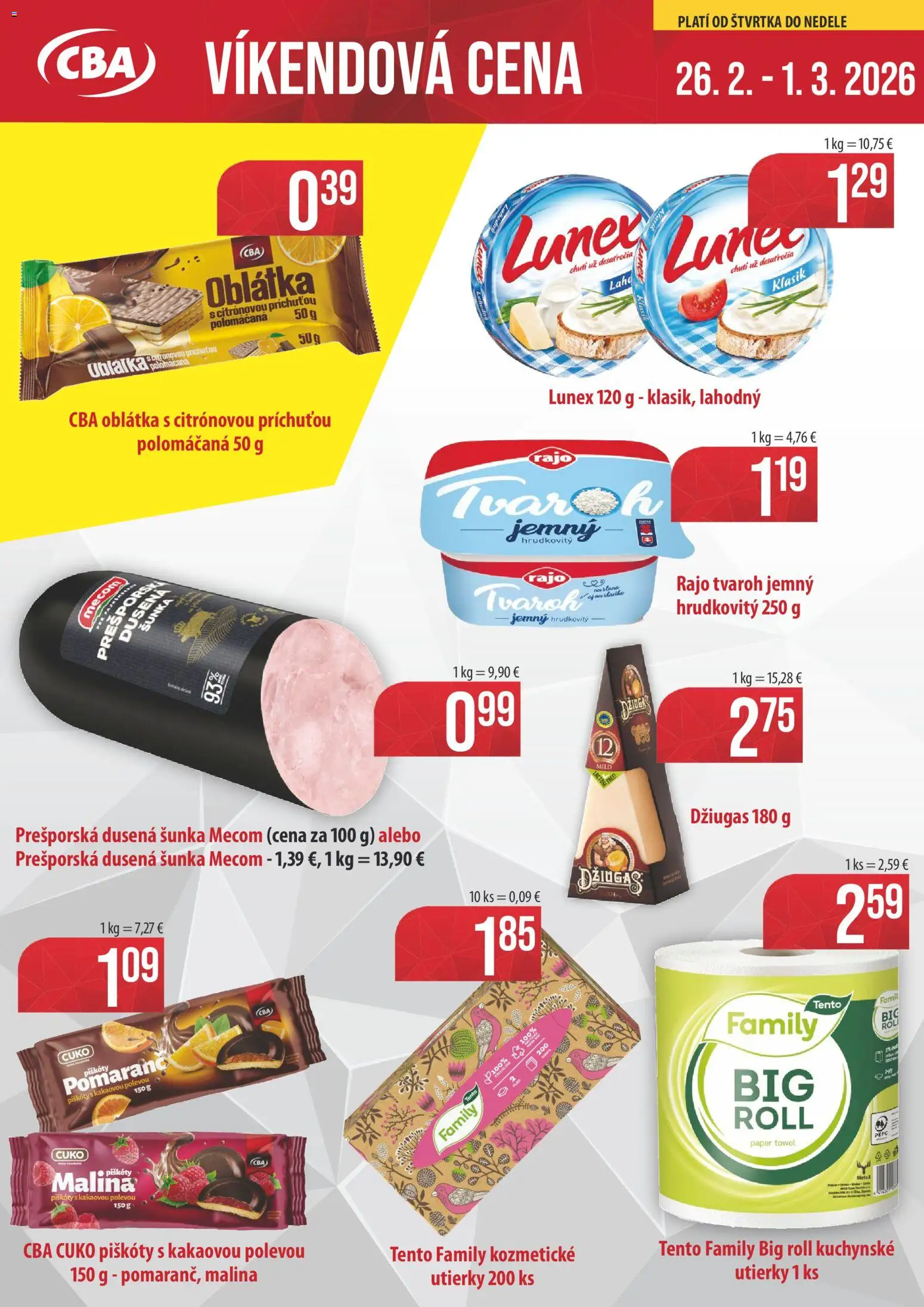 Nové CBA Komfos akcie – leták je platný od 26.02.2026 | Strana: 1 | Produkty: Šunka, Tvaroh