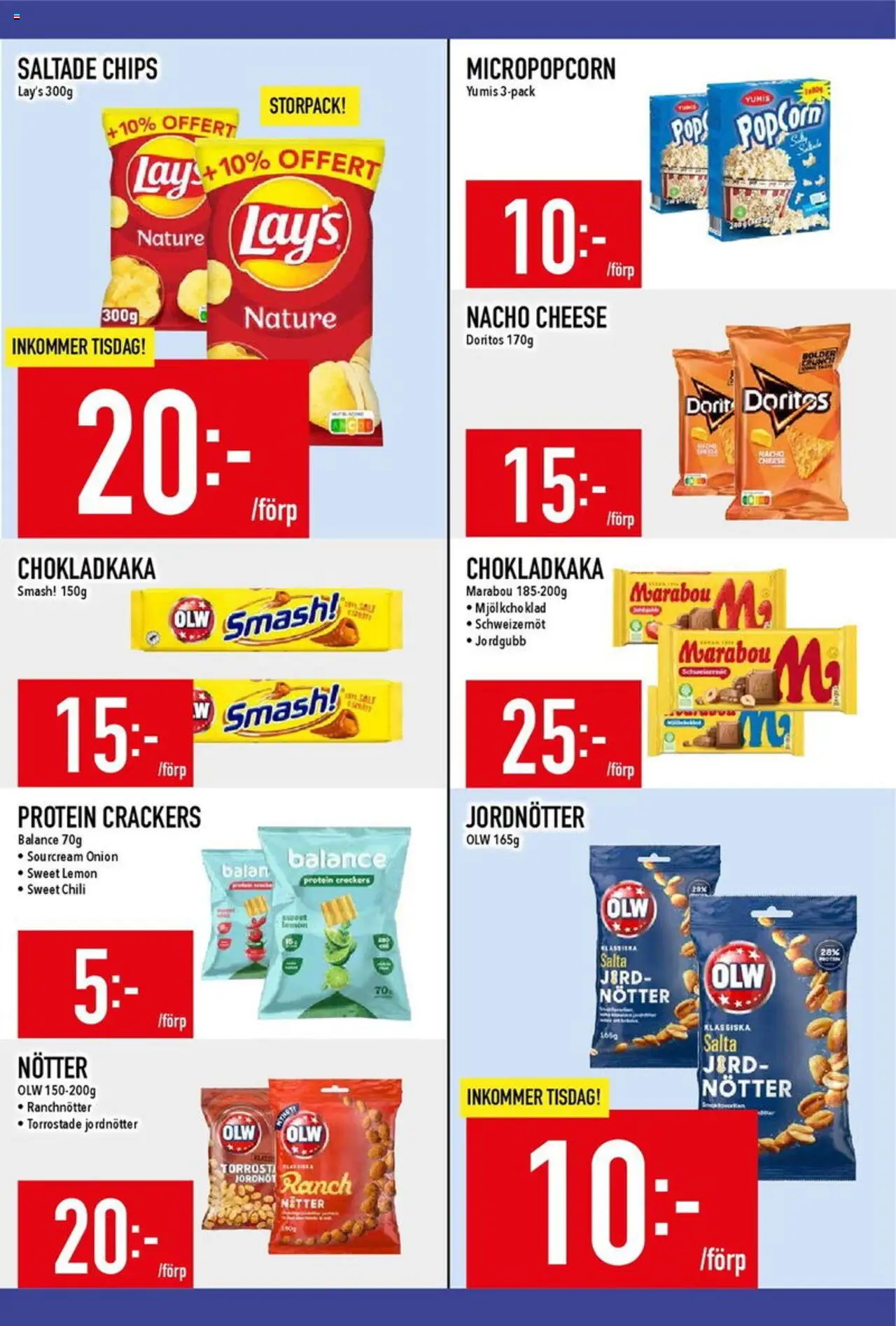 Matdax reklamblad aktuell från 18.08.2025 | Sida: 13 | Produkter: Chokladkaka, Jordnötter, Chips, Popcorn