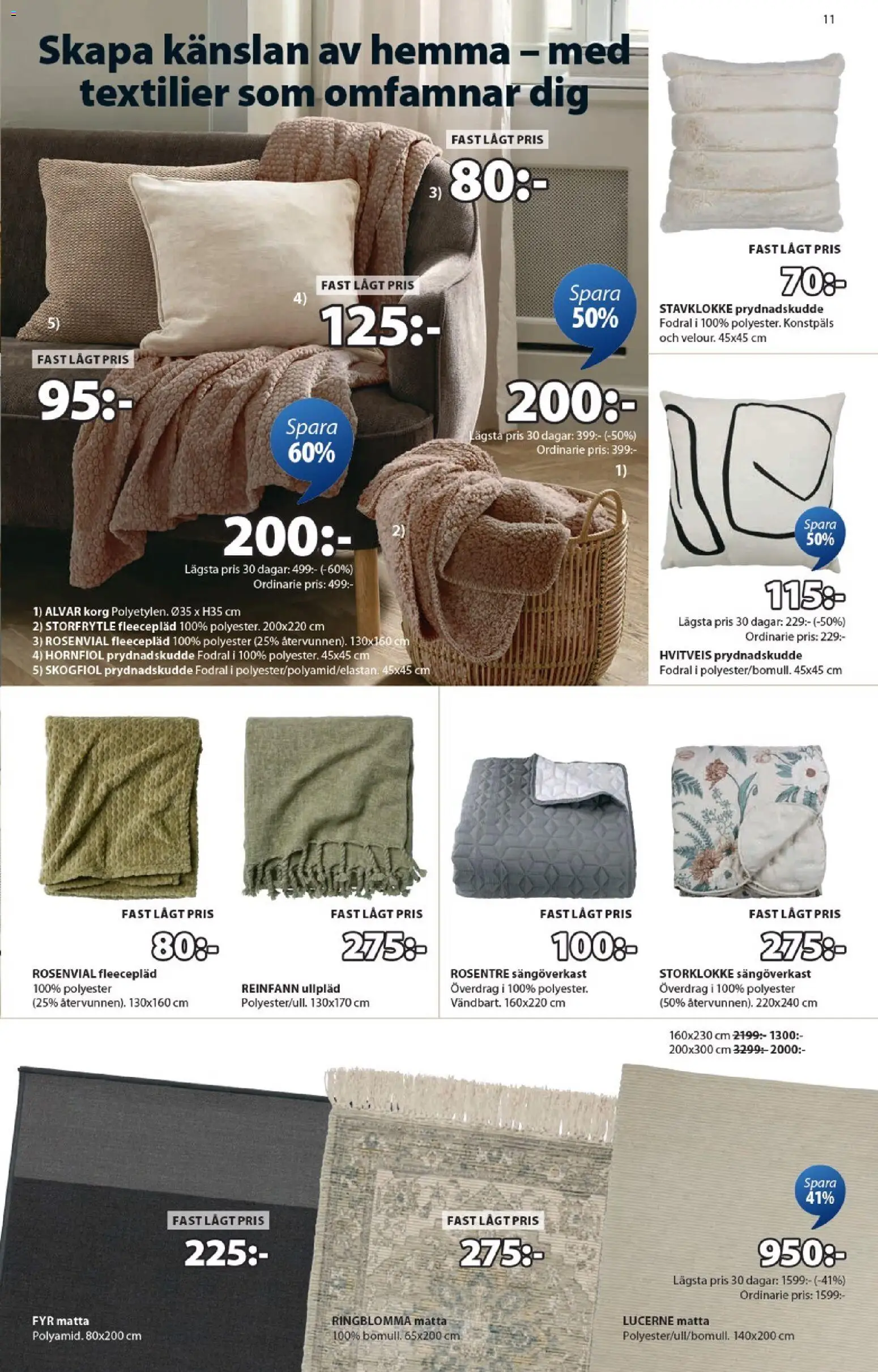 JYSK reklamblad aktuell från 02.02.2026 | Sida: 11 | Produkter: Sängöverkast, Prydnadskudde, Korg, Matta
