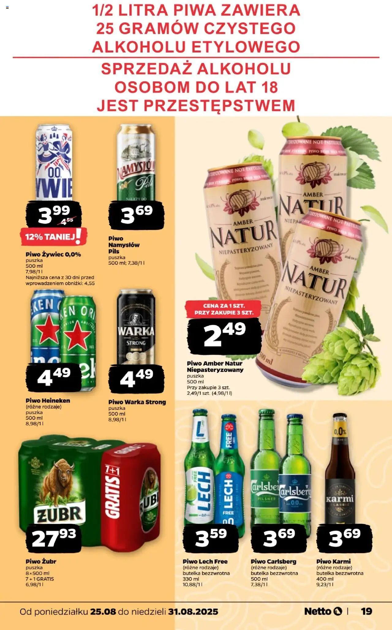 Netto gazetka - Spożywcza od 25.08.2025 | Strona: 19 | Produkty: Warka, Piwo Warka, Piwo Carlsberg, Heineken