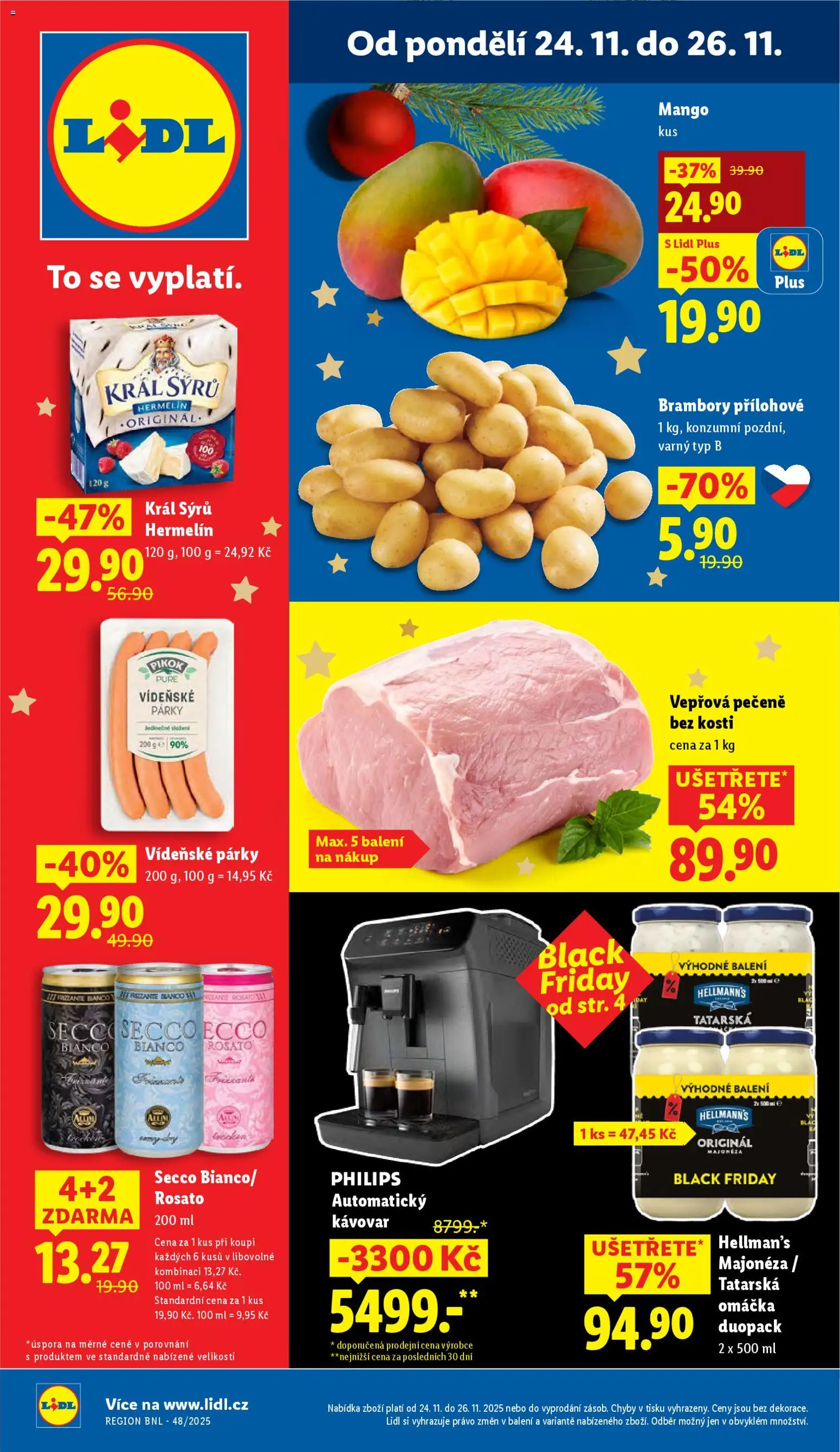 Lidl Black Friday od 24.11.2025 | Strana: 1 | Produkty: Mango, Vídeňské párky, Kávovar, Tatarská omáčka