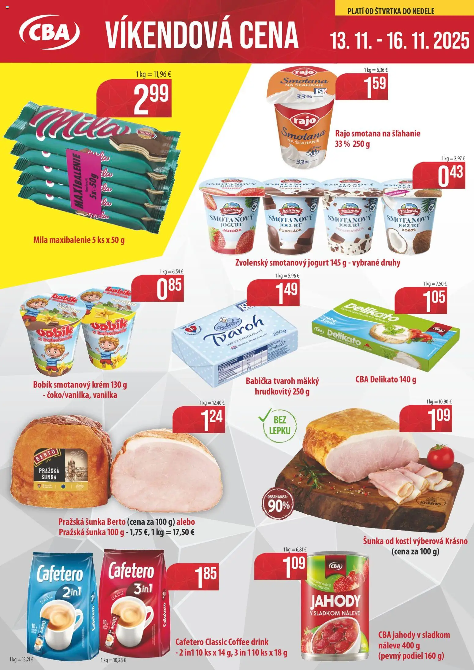 Nové CBA Komfos akcie – leták je platný od 13.11.2025 | Strana: 1 | Produkty: Jogurt, Smotana, Tvaroh, Smotana na šľahanie