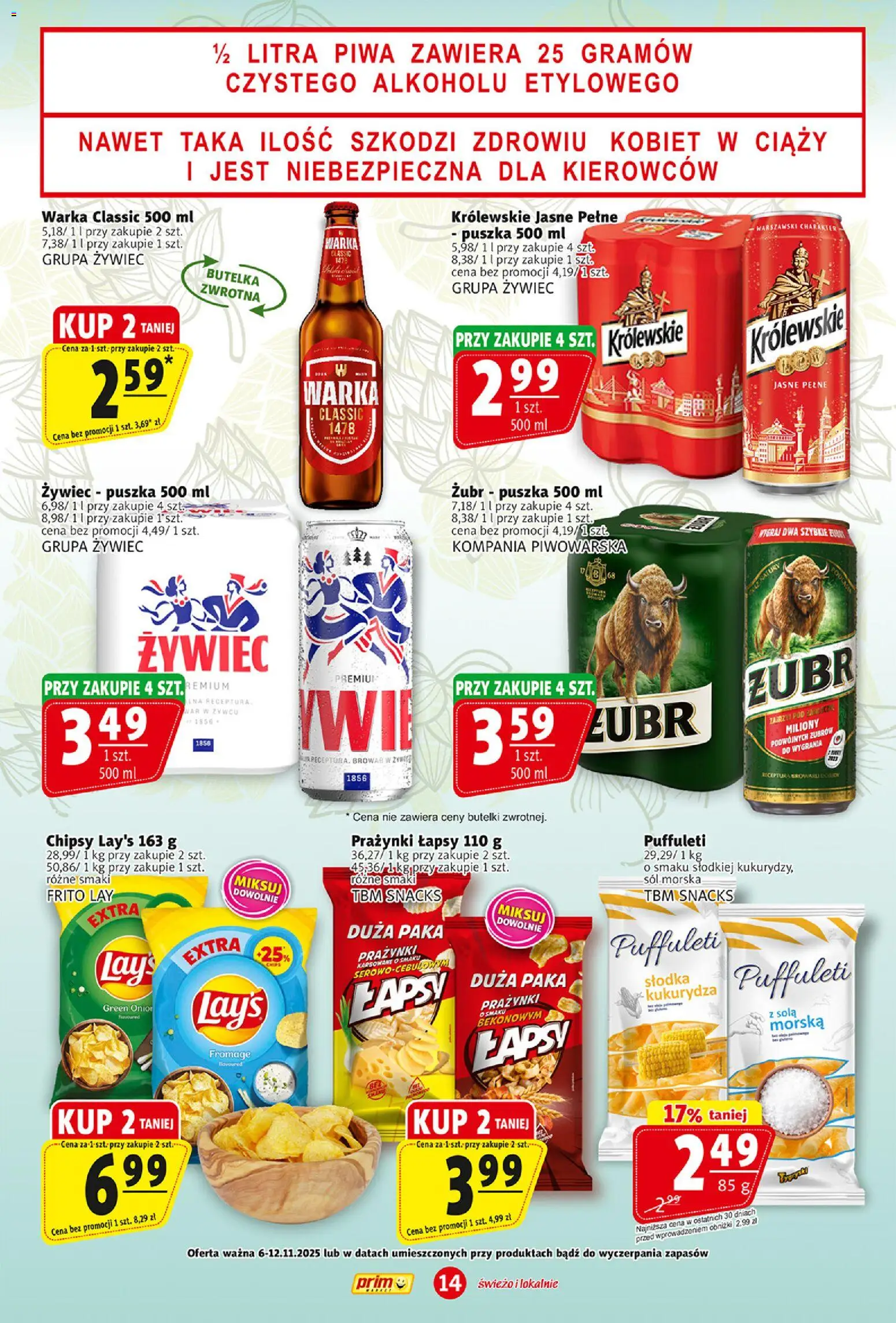 Prim Market Gazetka od 06.11.2025 | Strona: 14 | Produkty: Chipsy, Kukurydza, Warka, Sól