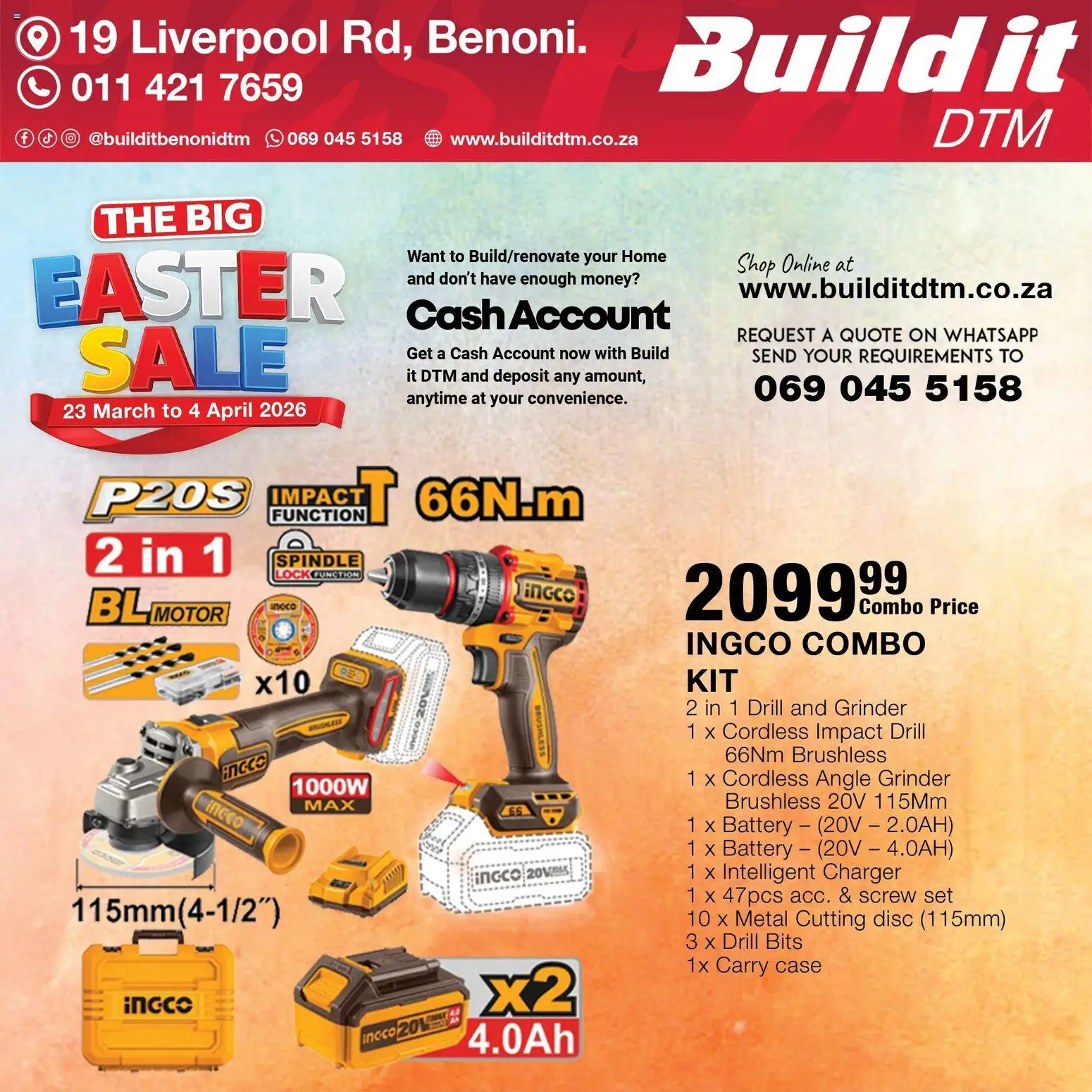 New Build It catalogue – valid from 23.03.2026 | Page: 8 | Products: Grinder, Drill, Battery, Charger