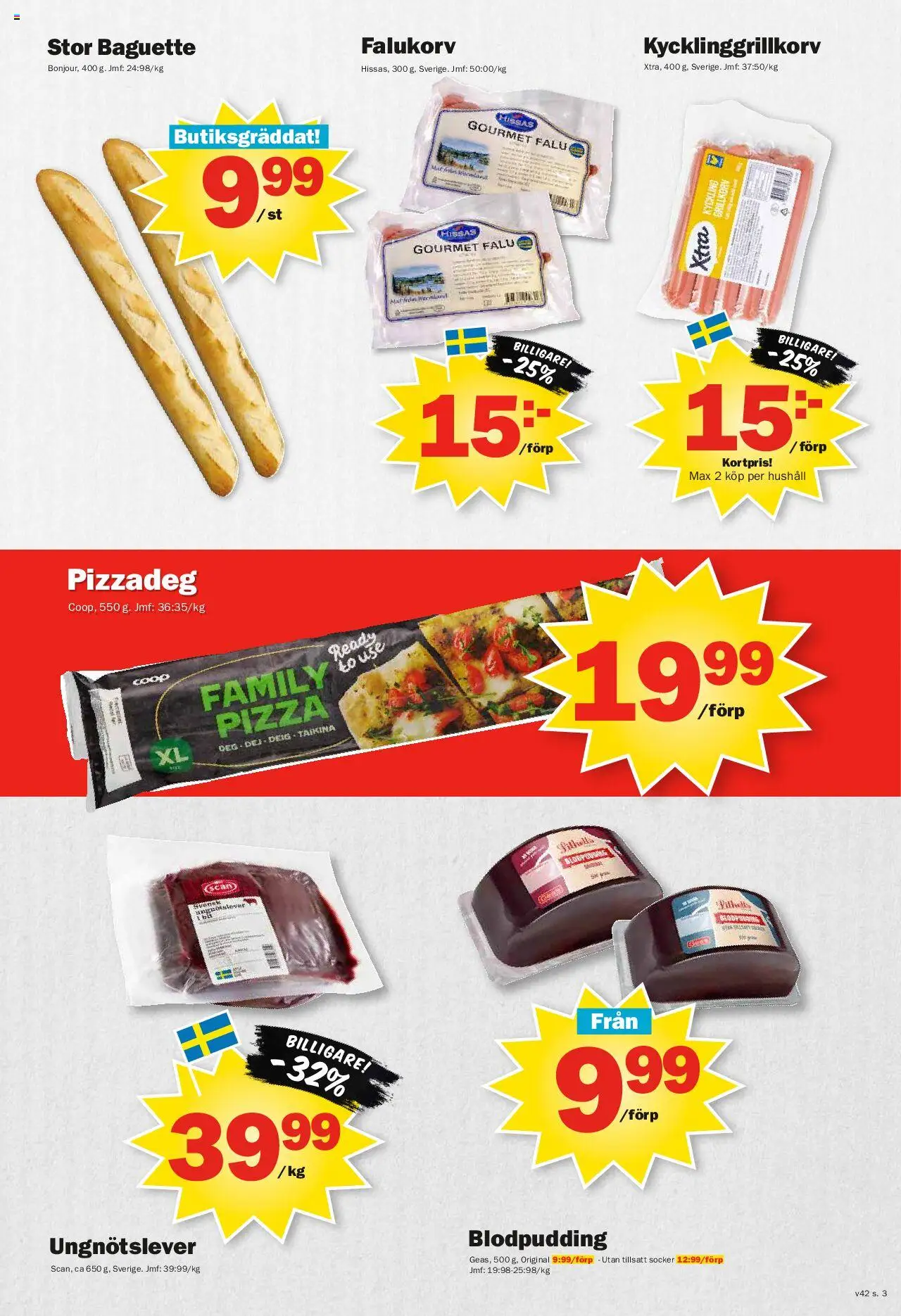 Pekås reklamblad aktuell från 13.10.2025 | Sida: 3 | Produkter: Baguette, Falukorv, Grillkorv, Pizza