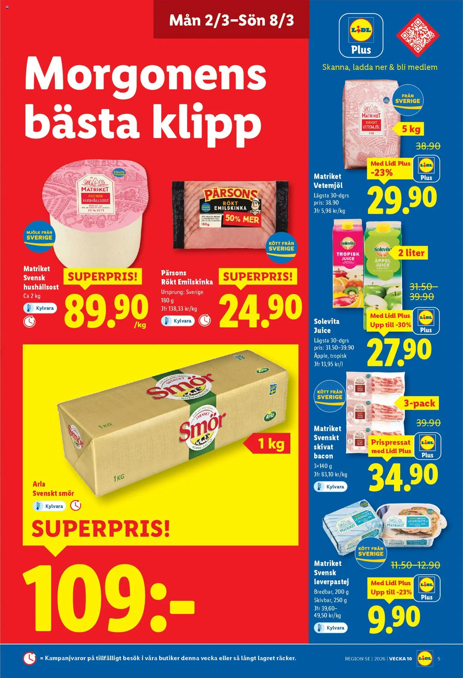 Lidl reklamblad aktuell från 02.03.2026 | Sida: 5 | Produkter: Bacon, Leverpastej, Mjölk, Skinka