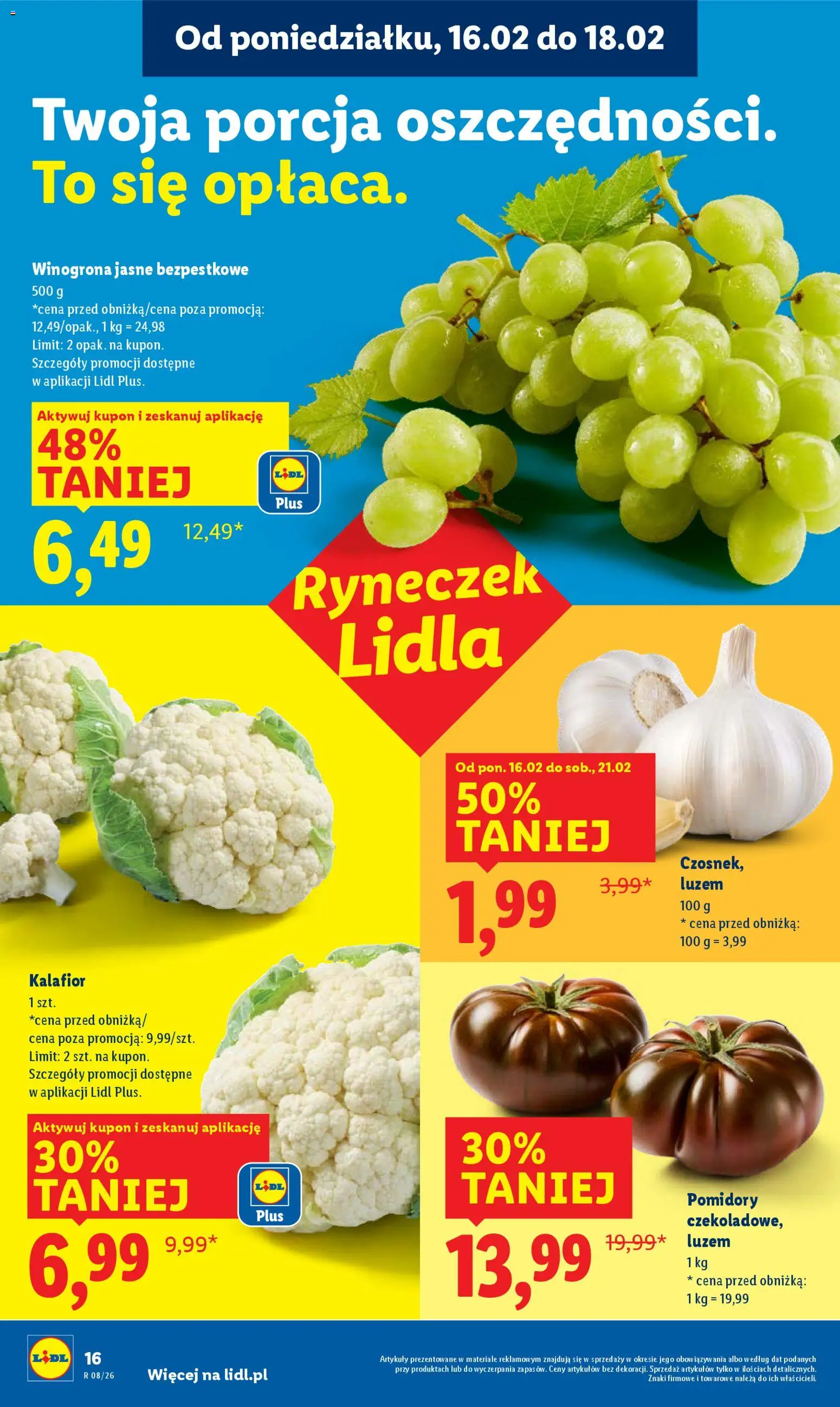 Lidl Gazetka od 16.02.2026 | Strona: 16 | Produkty: Winogrona, Kalafior, Pomidory