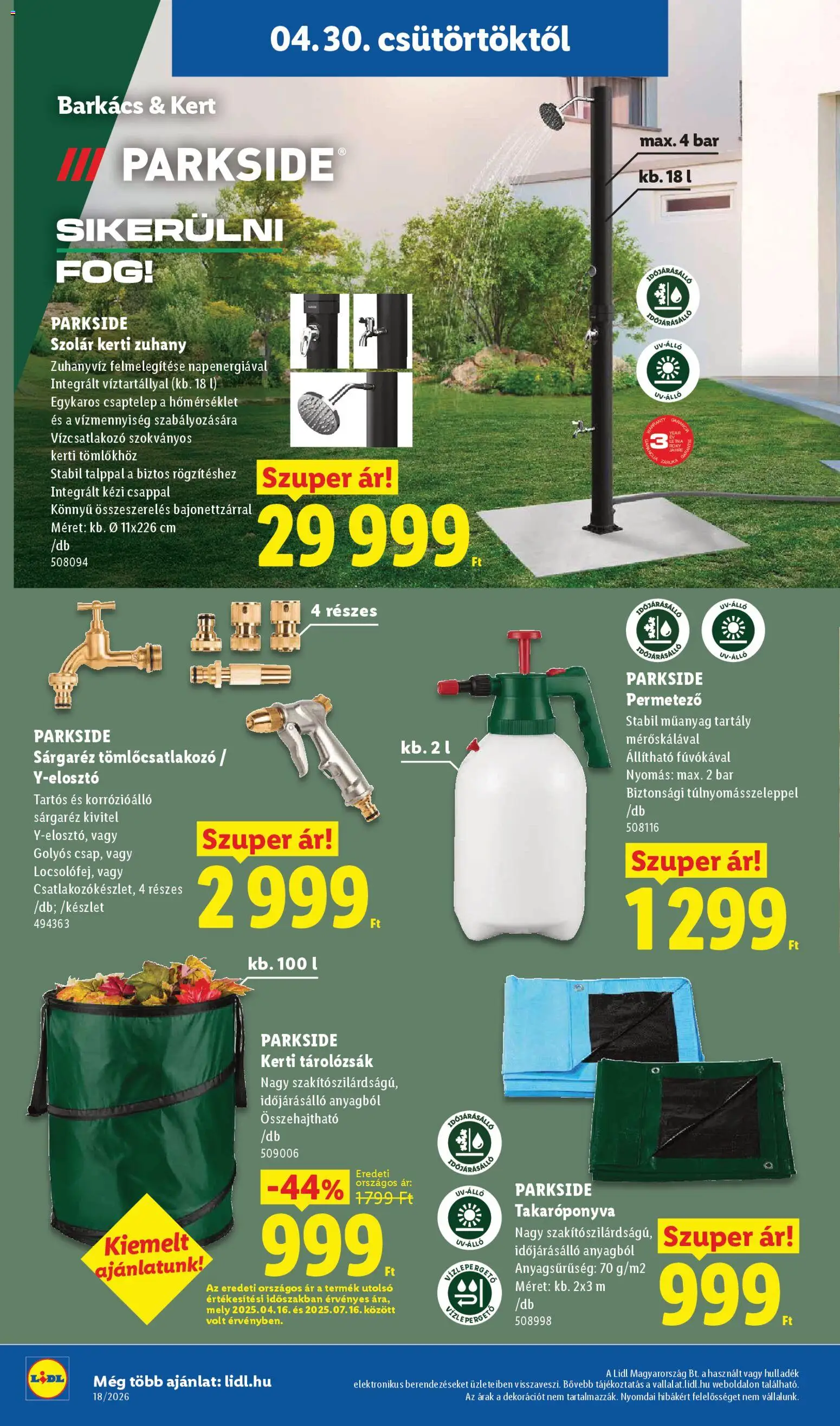 Lidl akciós ujság - amely érvényes a következő dátumtól: 30.04.2026 | Oldal: 32 | Termékek: Parkside, Csaptelep, Takaróponyva, Zuhany