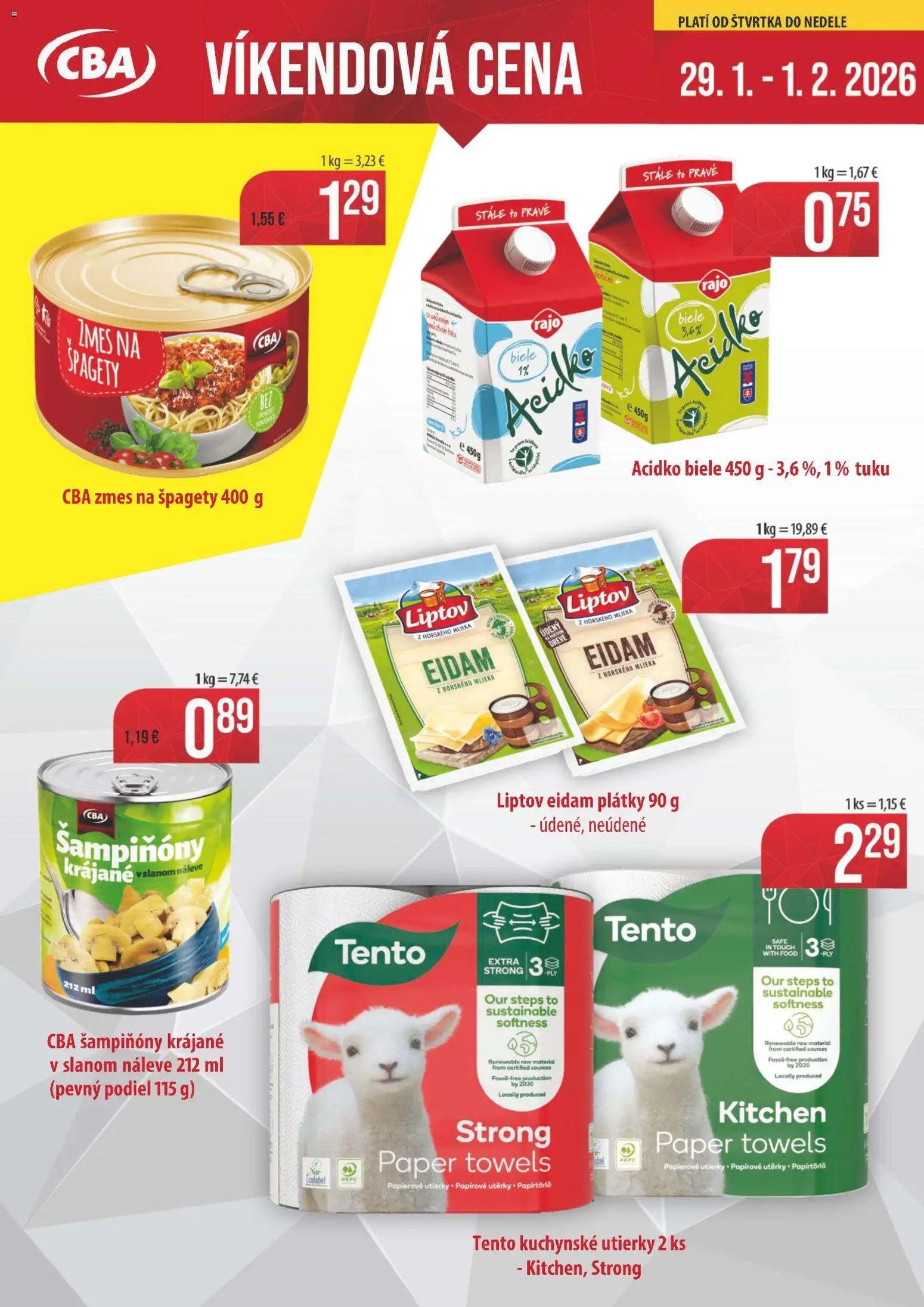 Nové Nitrazdroj akcie – leták je platný od 29.01.2026 | Strana: 1 | Produkty: Eidam, Acidko, Špagety