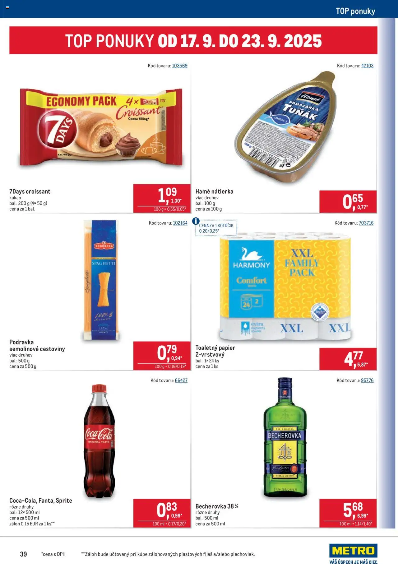 Nové Metro akcie – leták je platný od 10.09.2025 | Strana: 39 | Produkty: Becherovka, Cestoviny, Sprite, Kakao