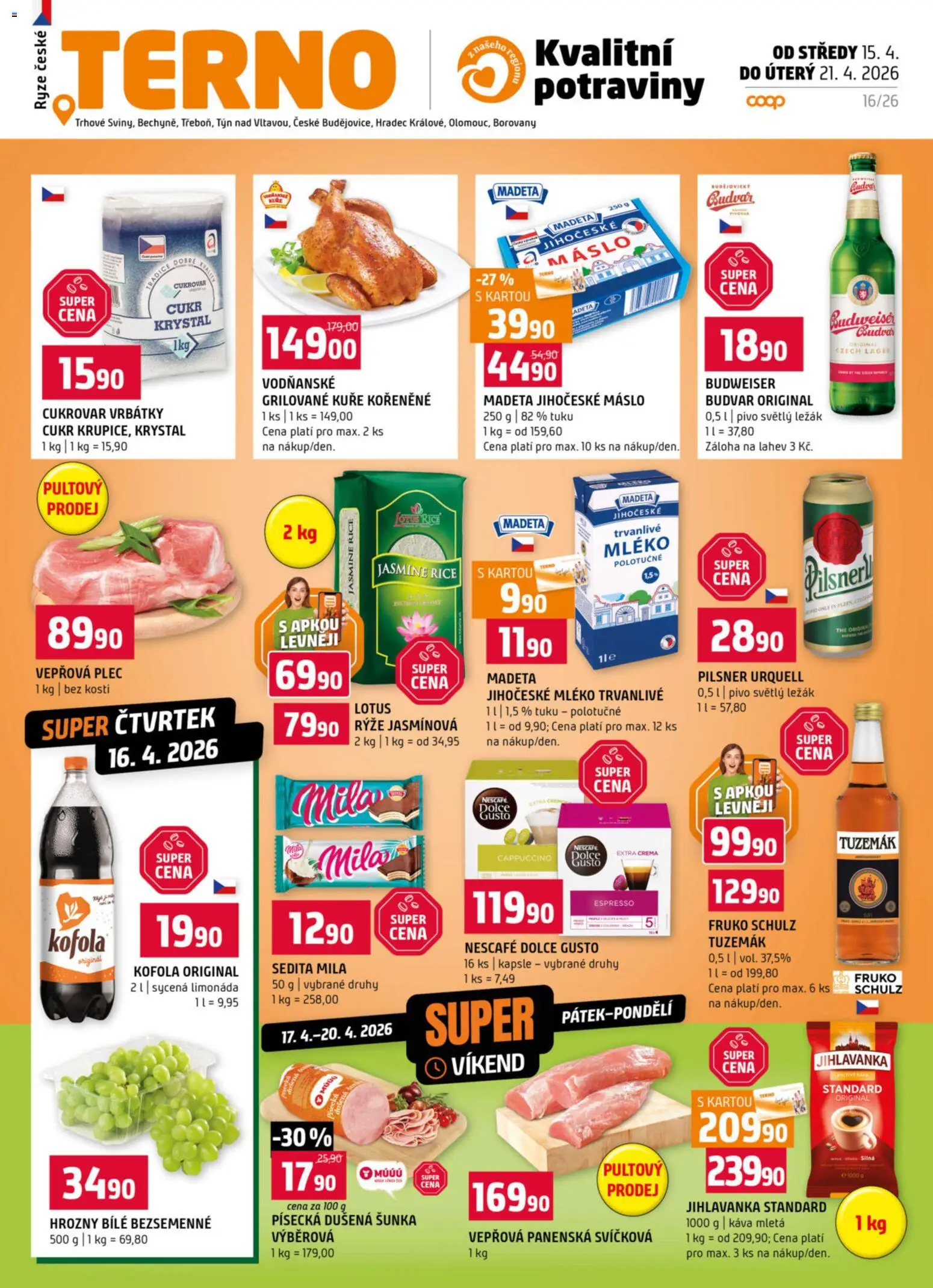 Terno leták od 15.04.2026 | Strana: 1 | Produkty: Šunka, Jihlavanka, Kofola, Jihočeské máslo