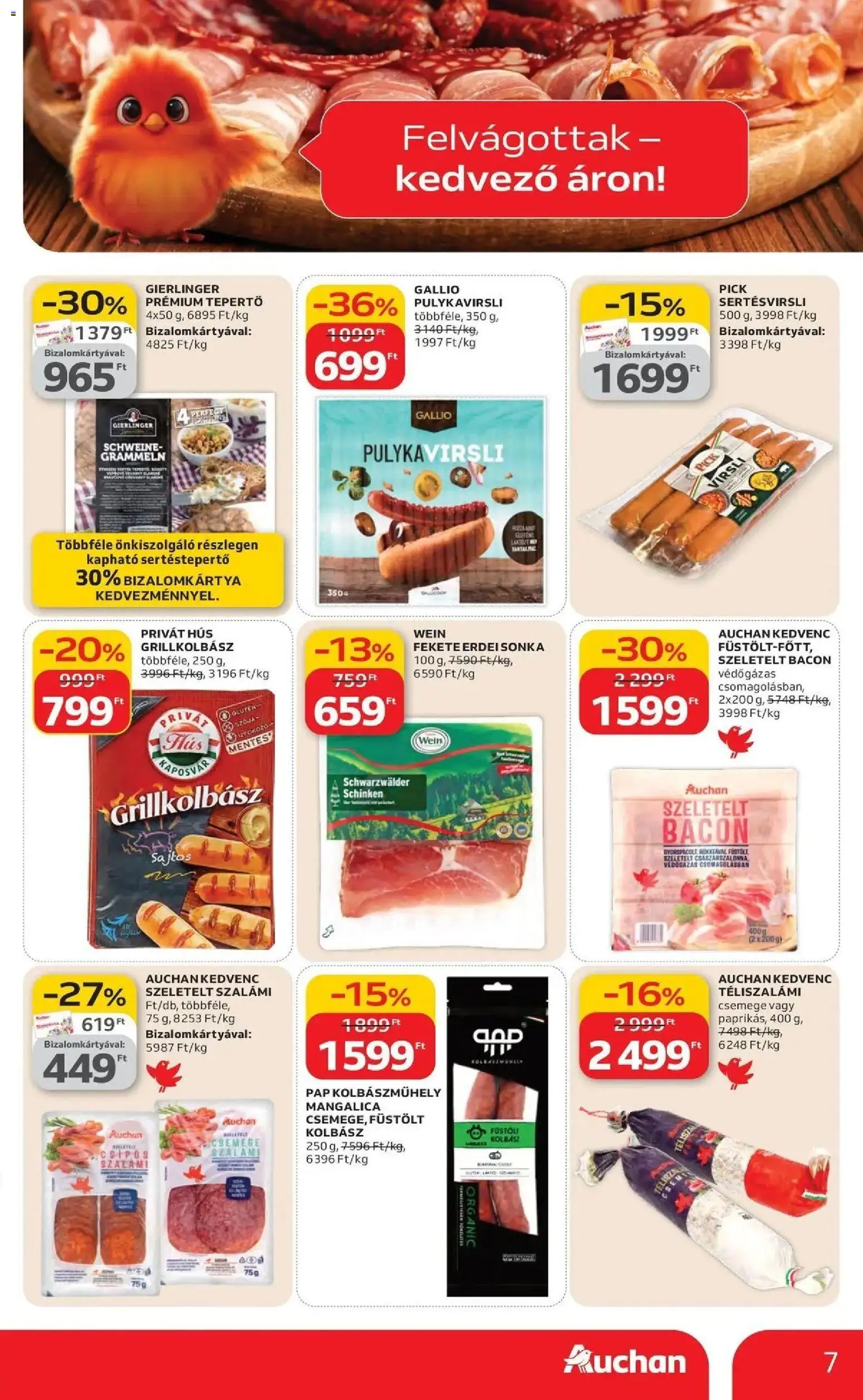 Auchan akciós ujság - amely érvényes a következő dátumtól: 19.03.2026 | Oldal: 7 | Termékek: Grillkolbász, Szeletelt bacon, Bacon, Téliszalámi