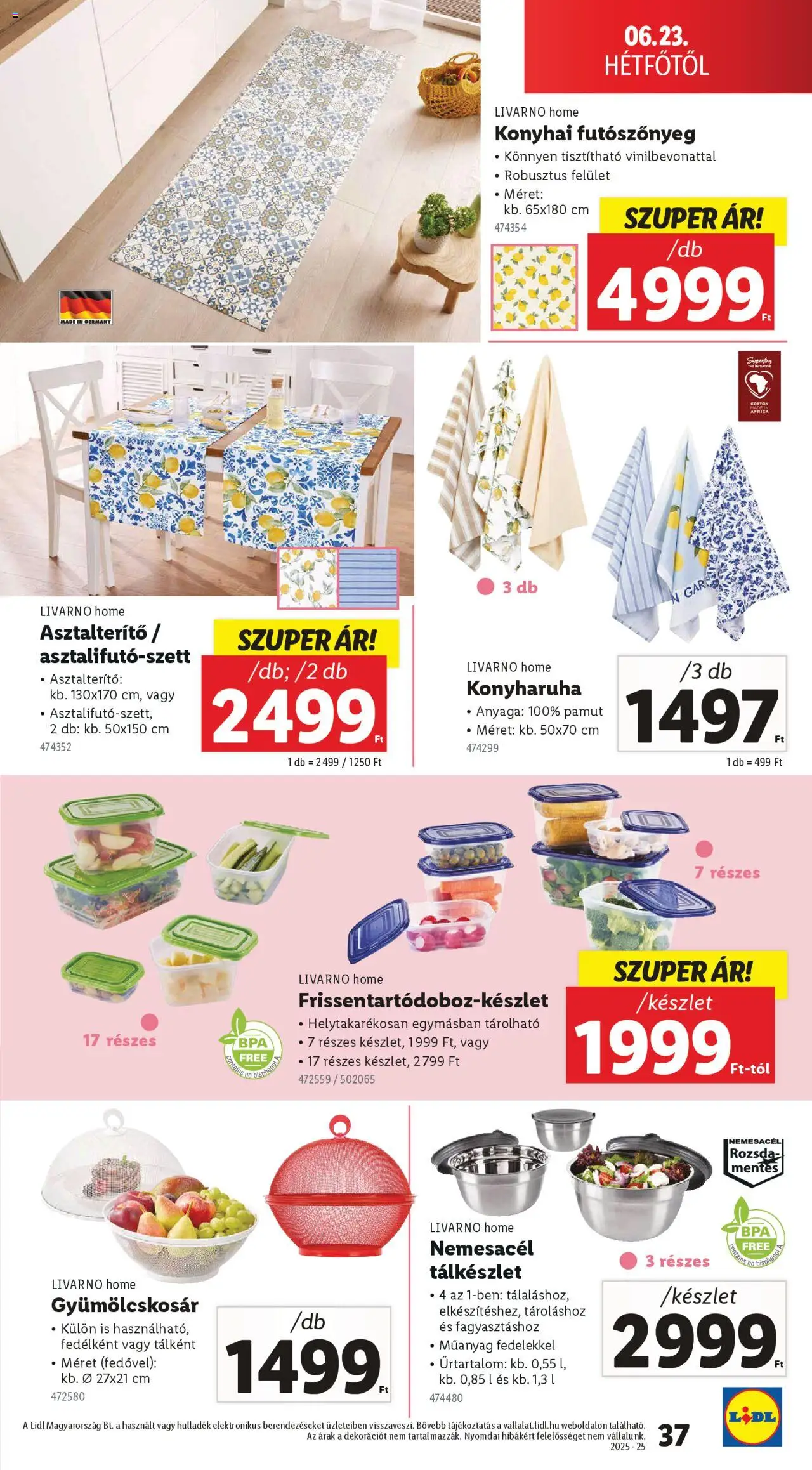 Lidl akciós ujság - amely érvényes a következő dátumtól: 19.06.2025 | Oldal: 37 | Termékek: Konyharuha, Asztalterítő