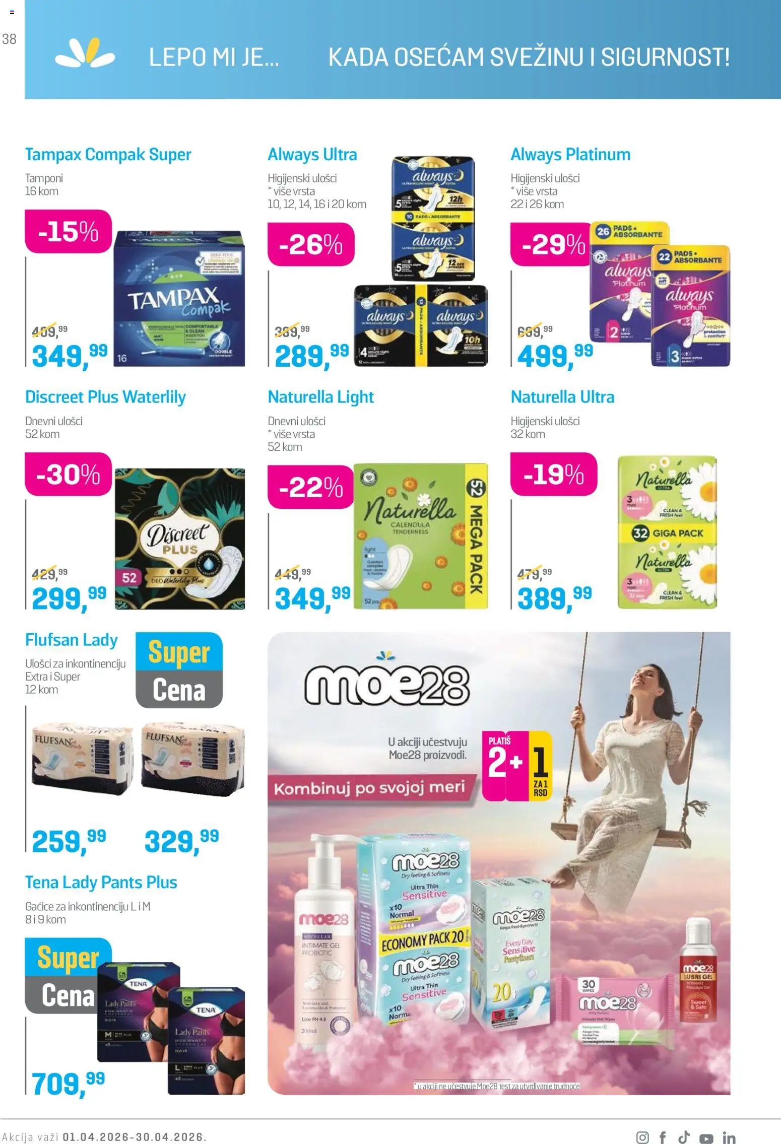 Lilly drogerie katalog - važi od 01.04.2026 | Strana: 38 | Proizvode: Higijenski ulošci, Gaćice