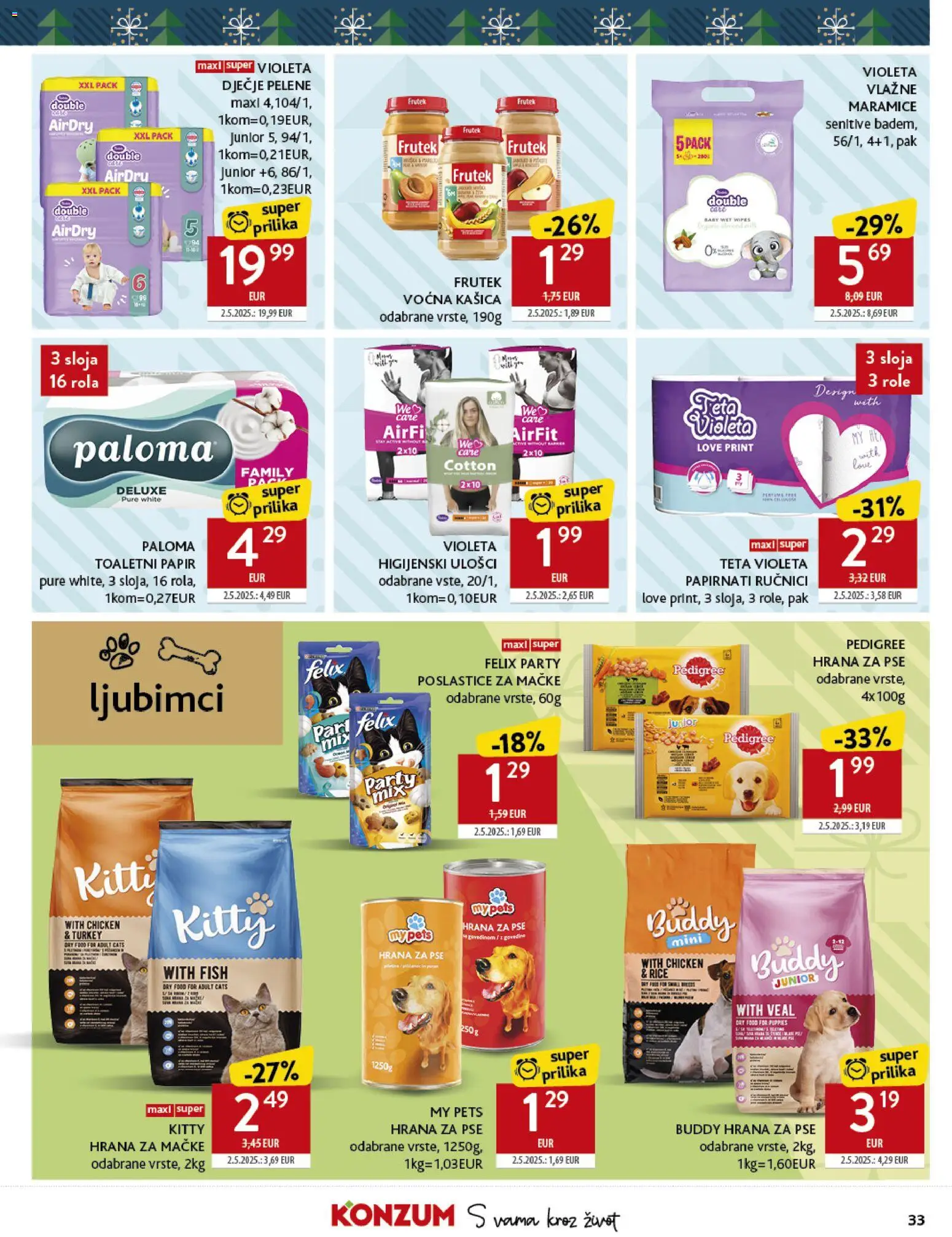 Konzum katalog | vrijedi od 27.12.2025 | Stranica: 33 | Proizvodi: Role, Higijenski ulošci, Hrana za mačke, Violeta