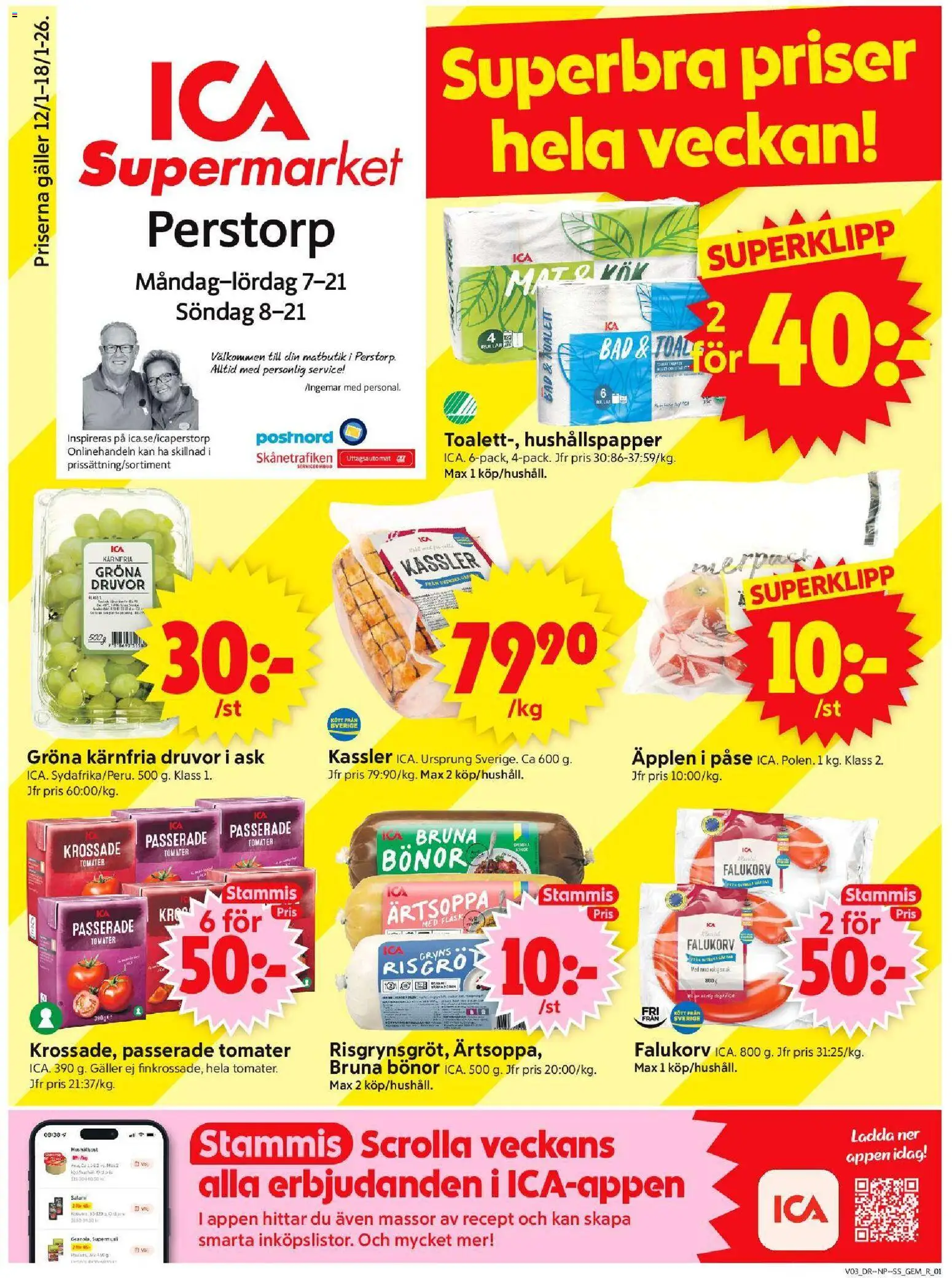 ICA Supermarket reklamblad aktuell från 12.01.2026 | Sida: 1 | Produkter: Falukorv, Äpplen, Tomater, Bönor