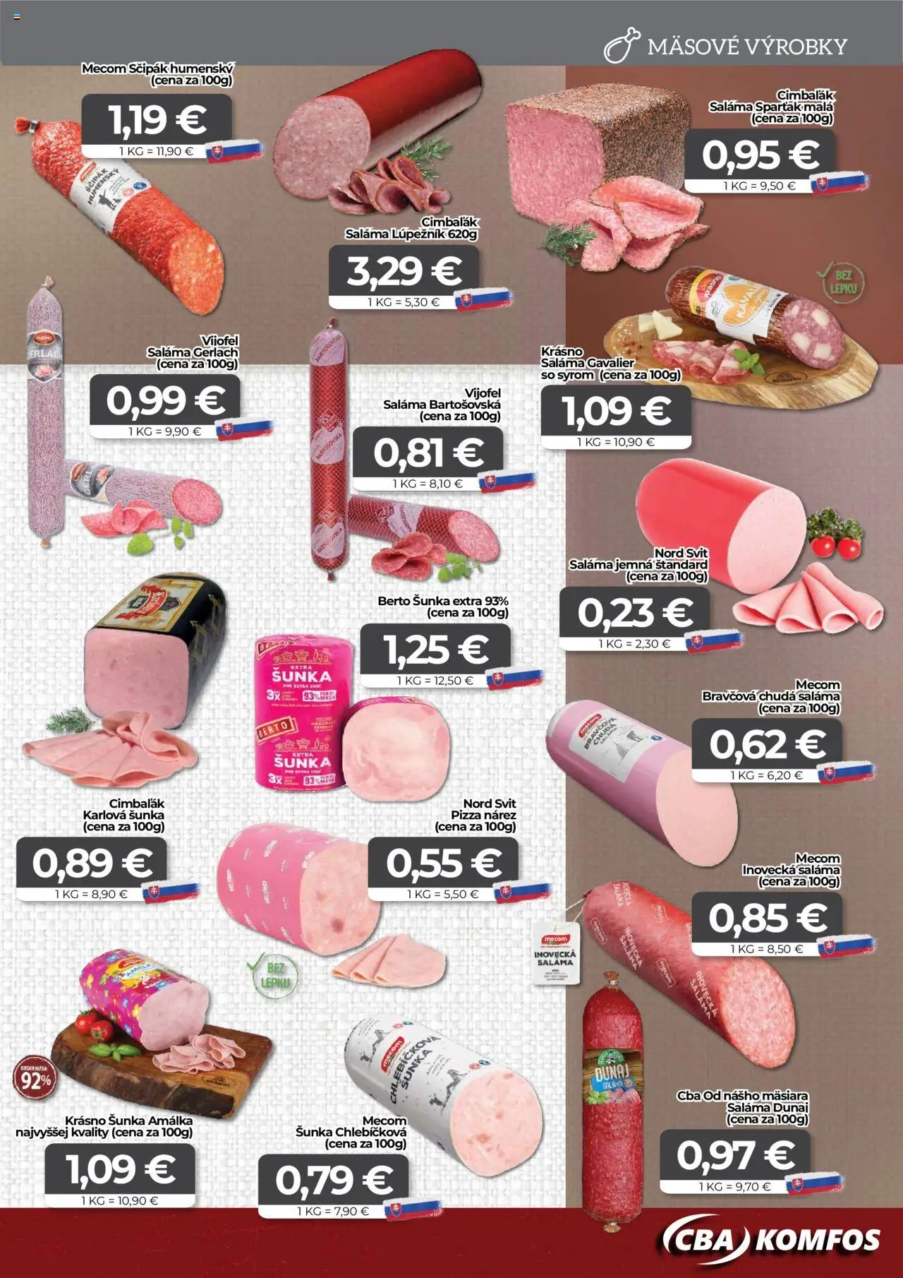 Nové CBA Komfos akcie – leták je platný od 23.10.2025 | Strana: 3 | Produkty: Saláma, Šunka, Pizza