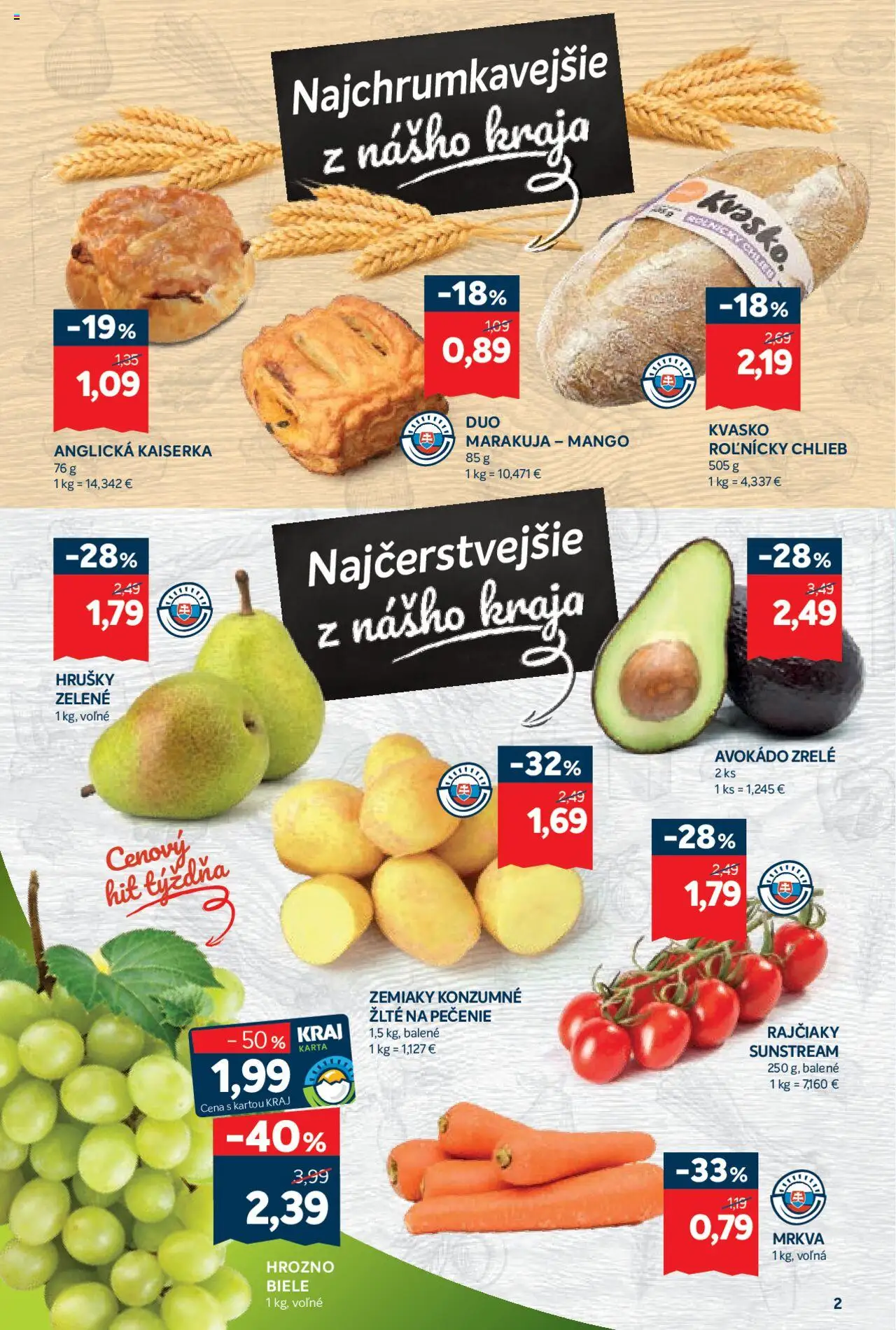 Nové Kraj akcie – leták je platný od 09.10.2025 | Strana: 2 | Produkty: Mrkva, Avokádo, Zemiaky, Mango