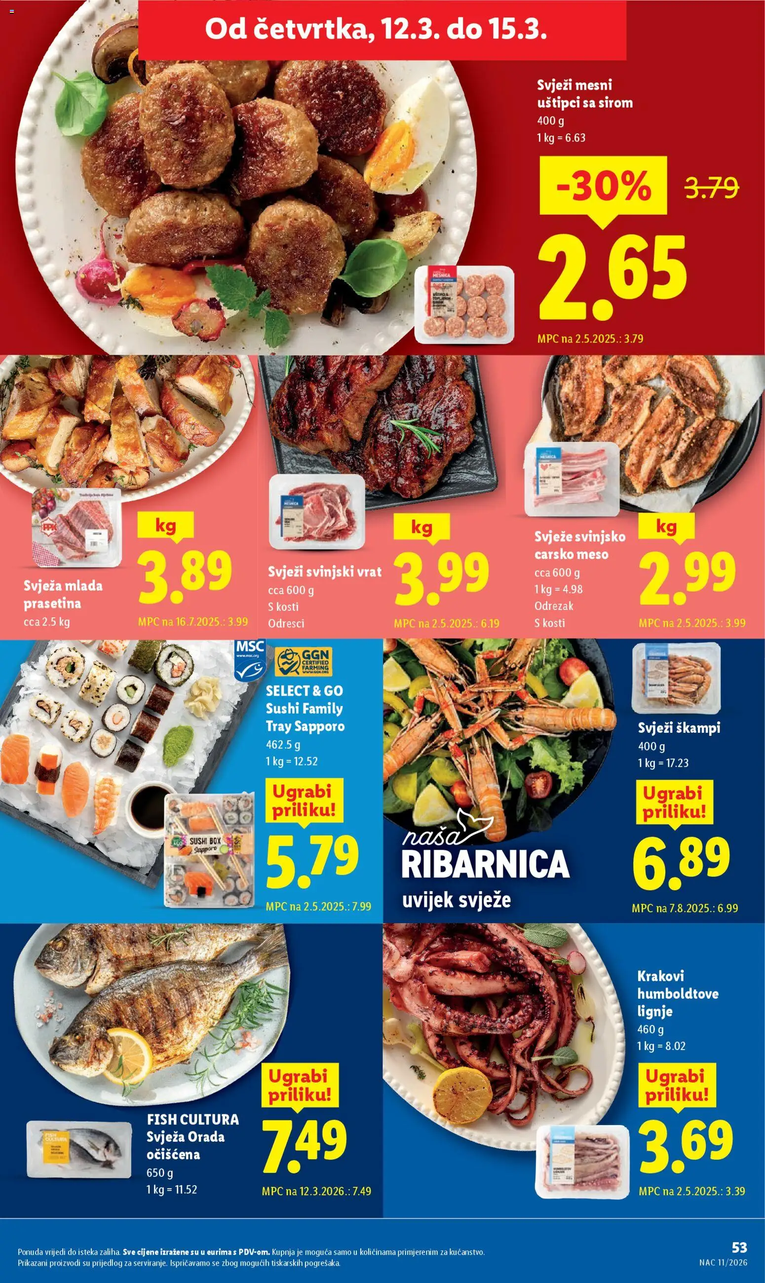 Lidl katalog | vrijedi od 09.03.2026 | Stranica: 53 | Proizvodi: Carsko meso, Svinjski vrat, Meso, Lignje