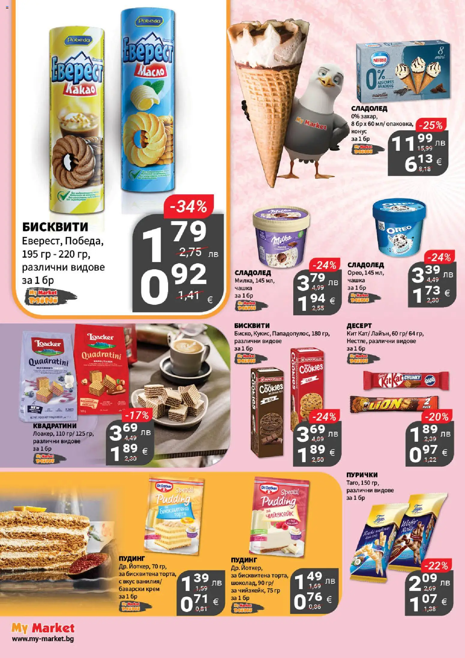 {H1} | Страница: 14 | Продукти: Крем, Сладолед, Пурички, Бисквити