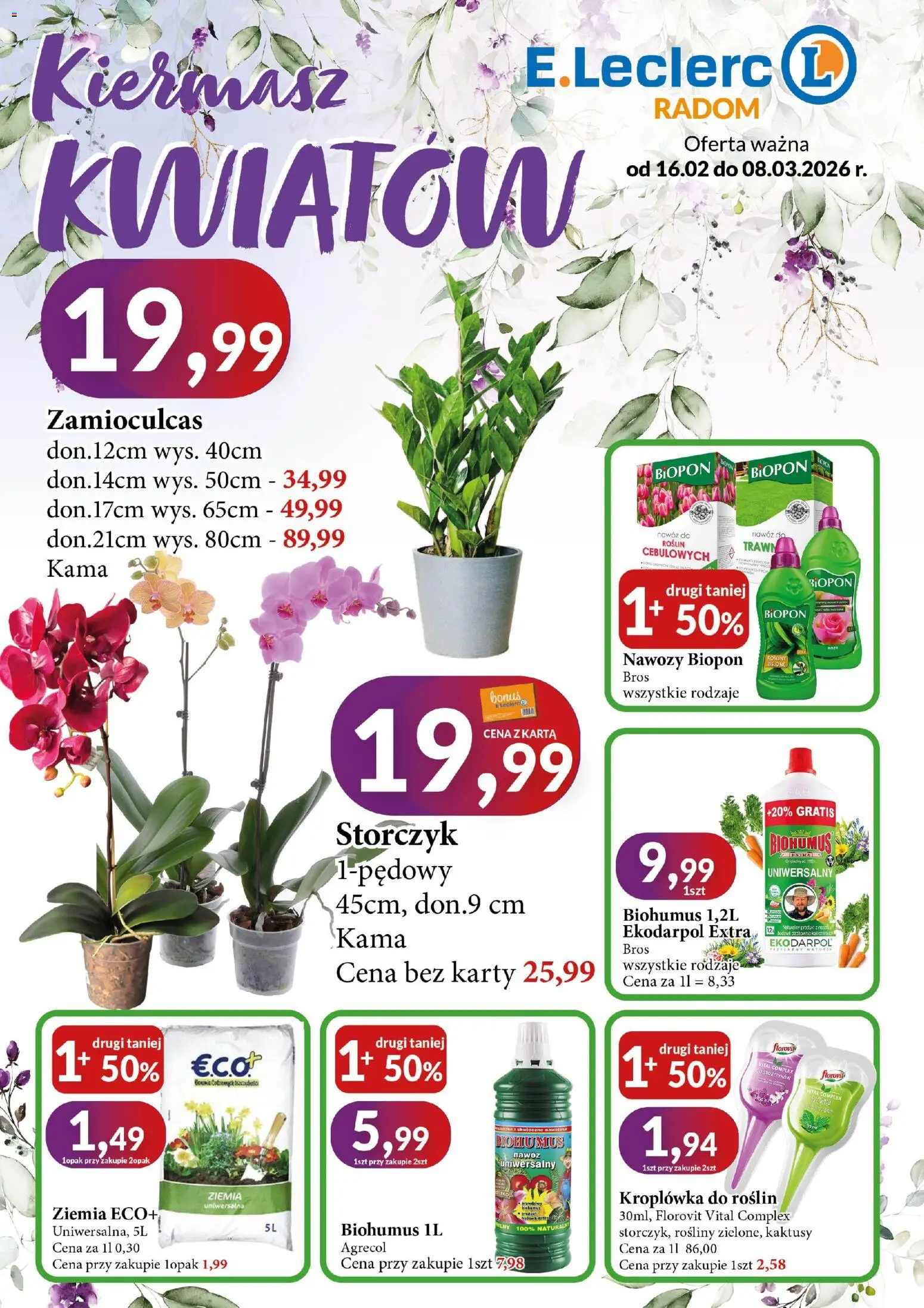 E.Leclerc Gazetka - Radom od 16.02.2026 | Strona: 1 | Produkty: Ziemia, Rosliny, Zamioculcas, Storczyk