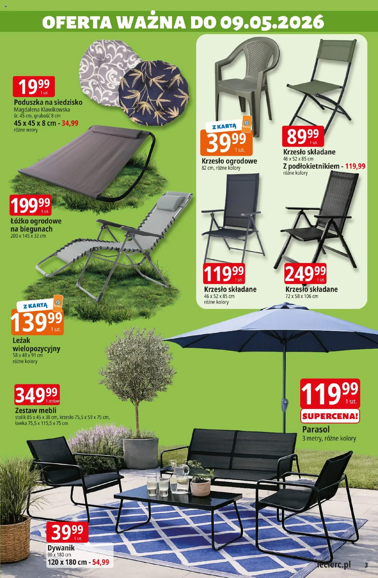 E.Leclerc gazetka - Radom od 21.04.2026 | Strona: 3 | Produkty: Karta, Poduszka, Leżak, Krzesło ogrodowe