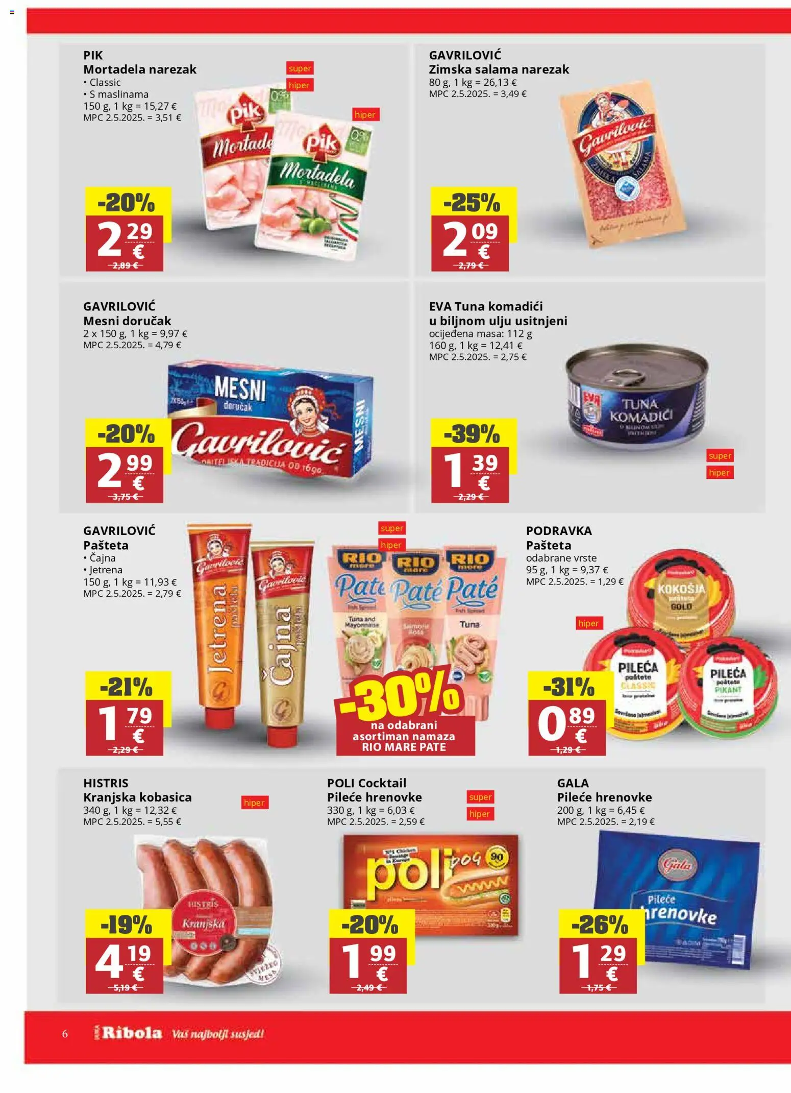Ribola katalog | vrijedi od 29.04.2026 | Stranica: 6 | Proizvodi: Rio Mare, Kranjska kobasica, Pašteta, Tuna