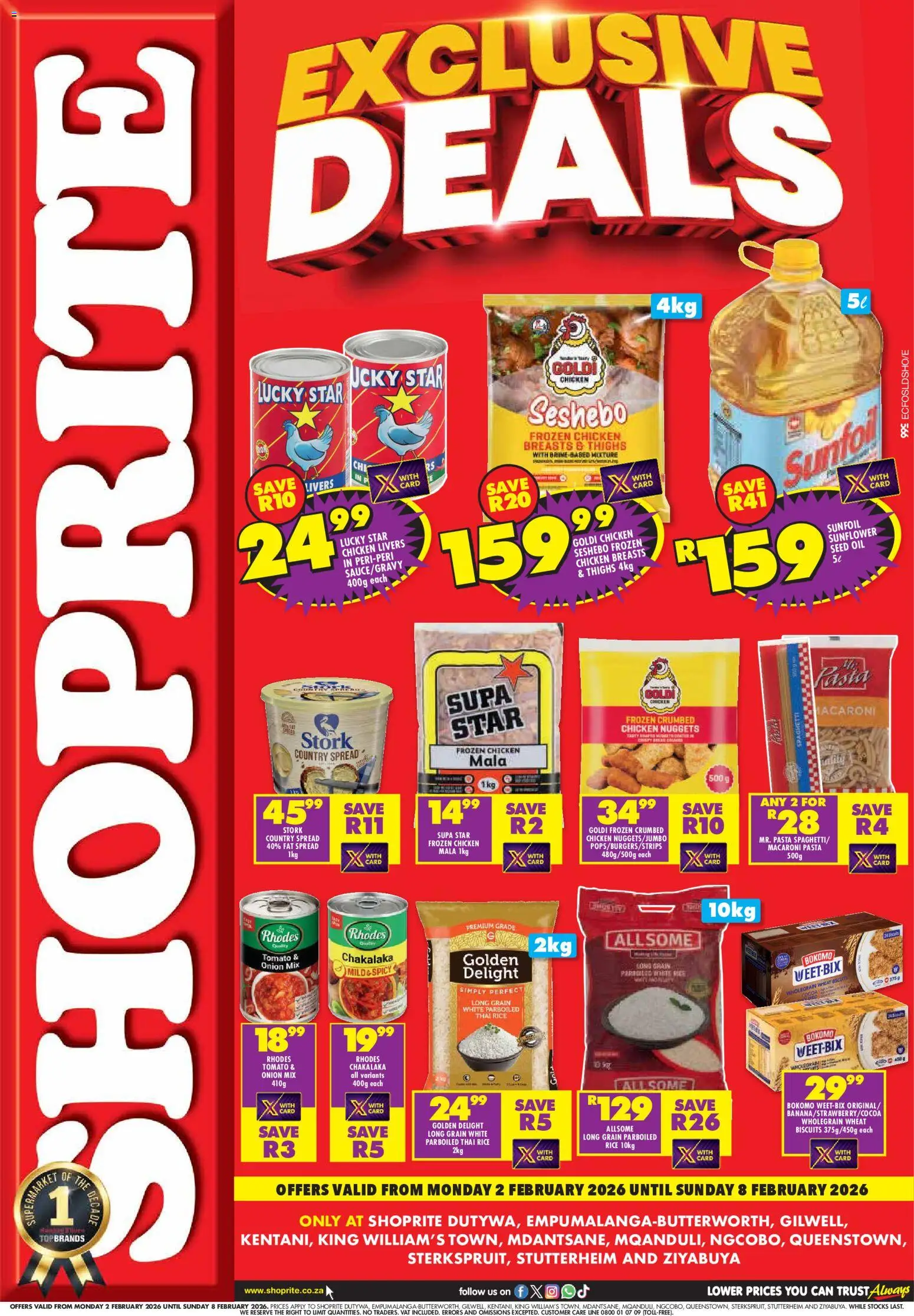New Shoprite catalogue – valid from 02.02.2026 | Page: 1 | Products: Biscuits, Chicken, Pasta, Fat spread