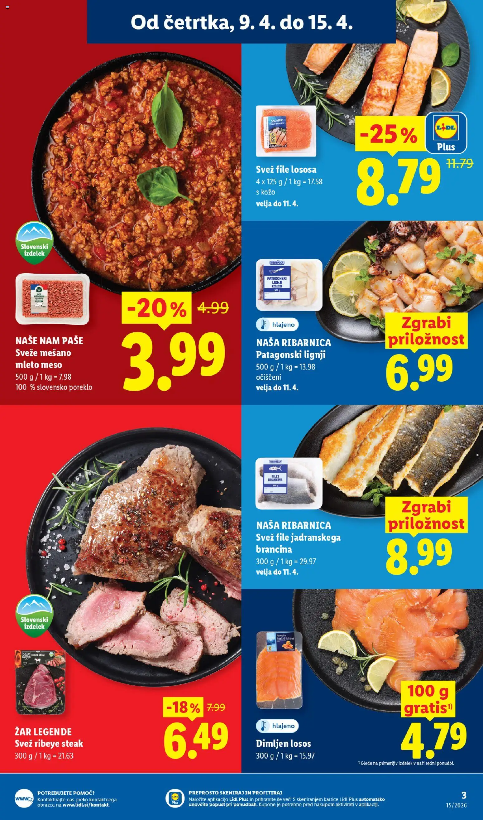 Novi Lidl katalog ponudbe – veljaven od 09.04.2026 | Stran: 3 | Izdelki: Lignji, Zar, Mleto meso, Losos