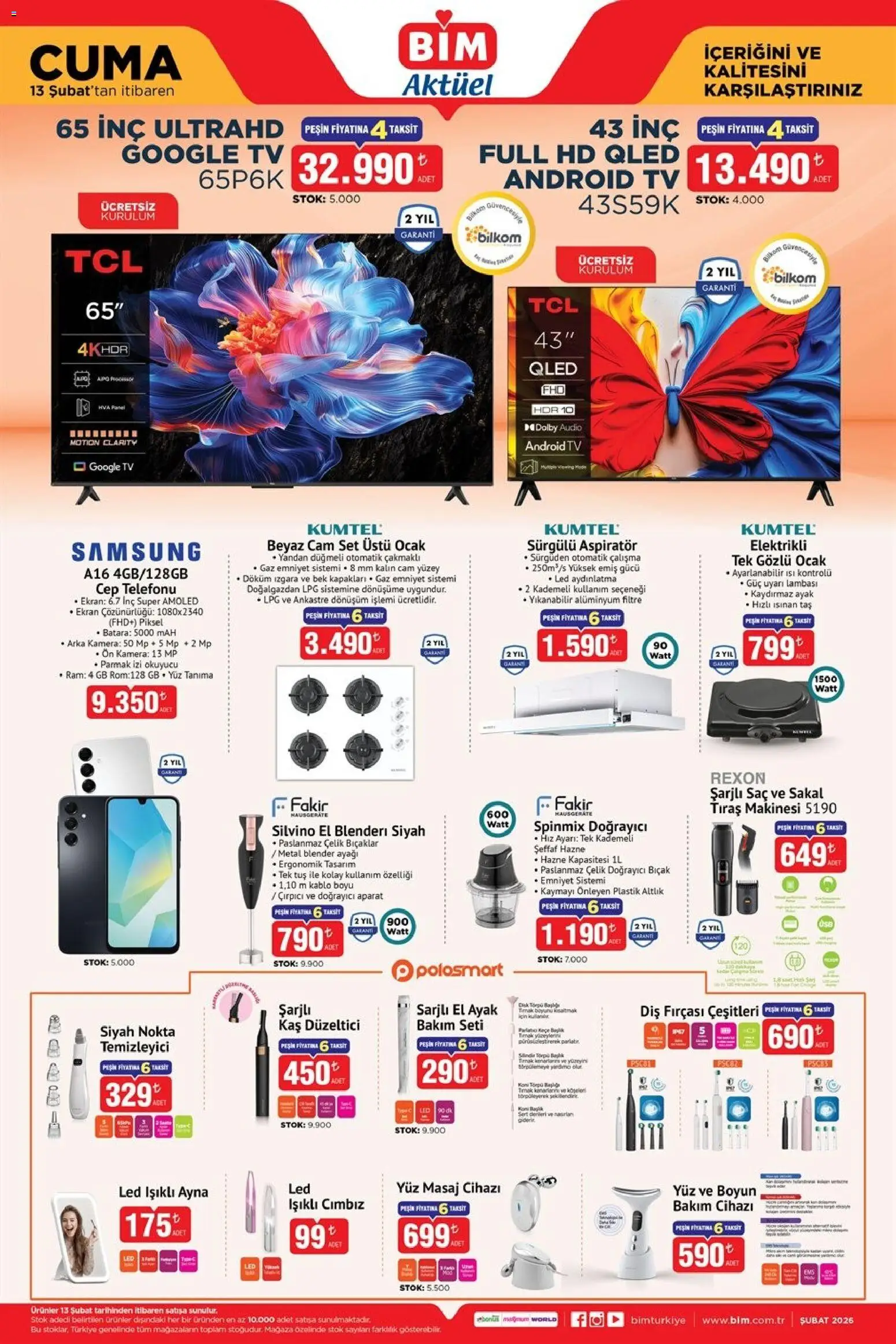 BİM Katalog Cuma - 13.02.2026 tarihinden itibaren geçerlidir | Sayfa: 1 | Ürünler: Çırpıcı, Diş fırçası, Kamera, Tıraş makinesi