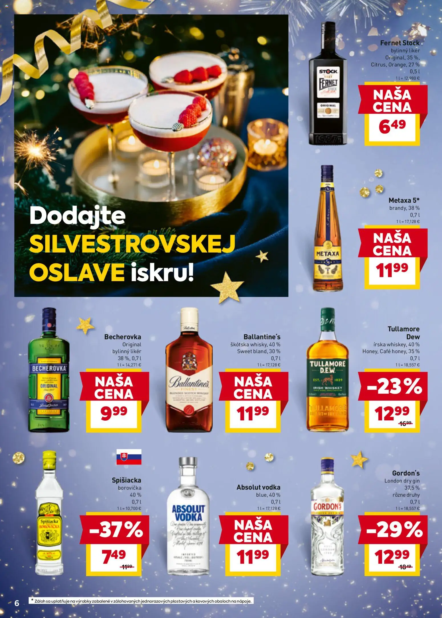 Nové Billa akcie – leták je platný od 27.12.2025 | Strana: 6 | Produkty: Metaxa, Borovička, Vodka, Fernet Stock