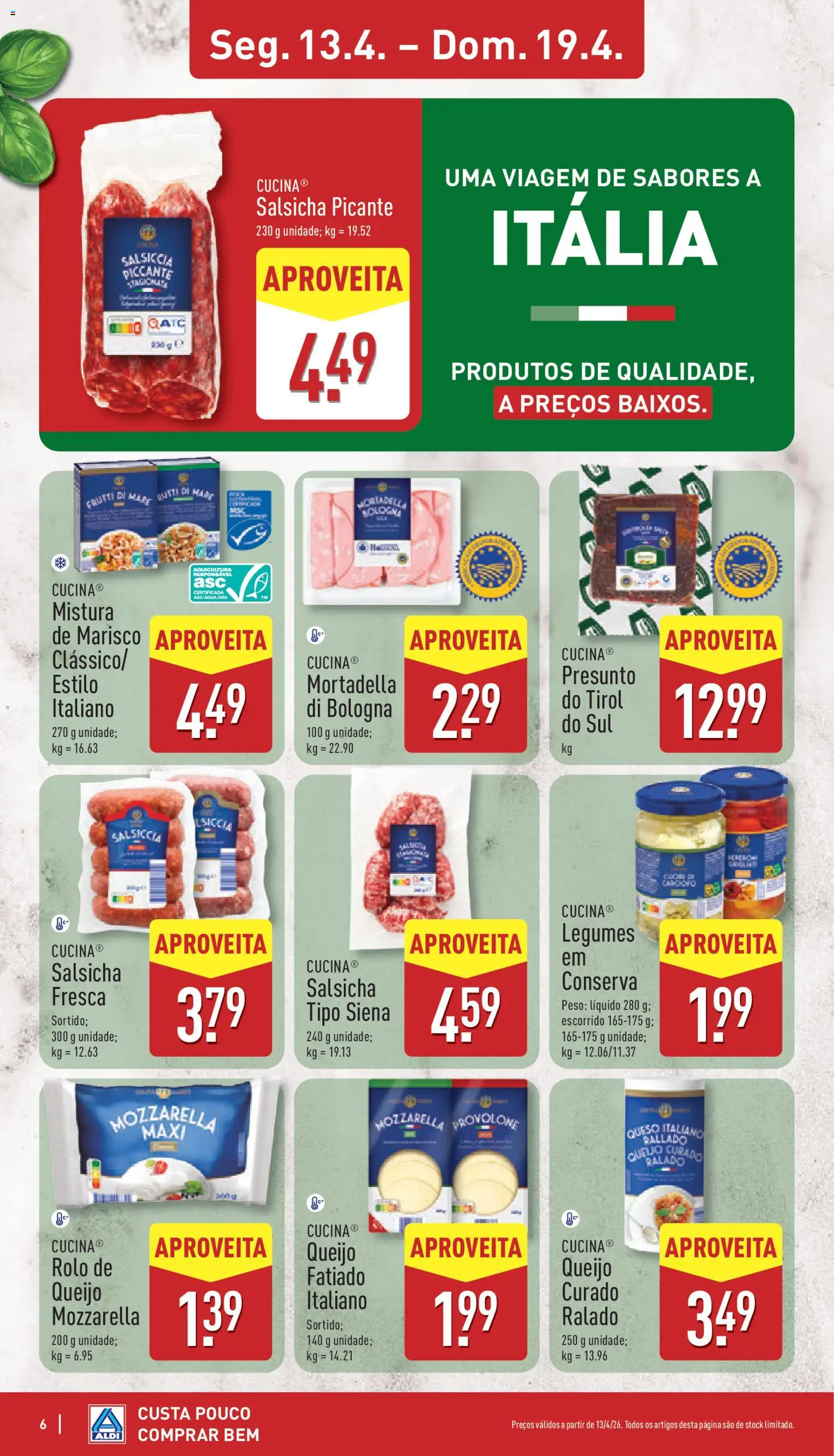 Aldi folheto │ válido de 13.04.2026 | Página: 6 | Produtos: Salsicha, Queijo, Presunto