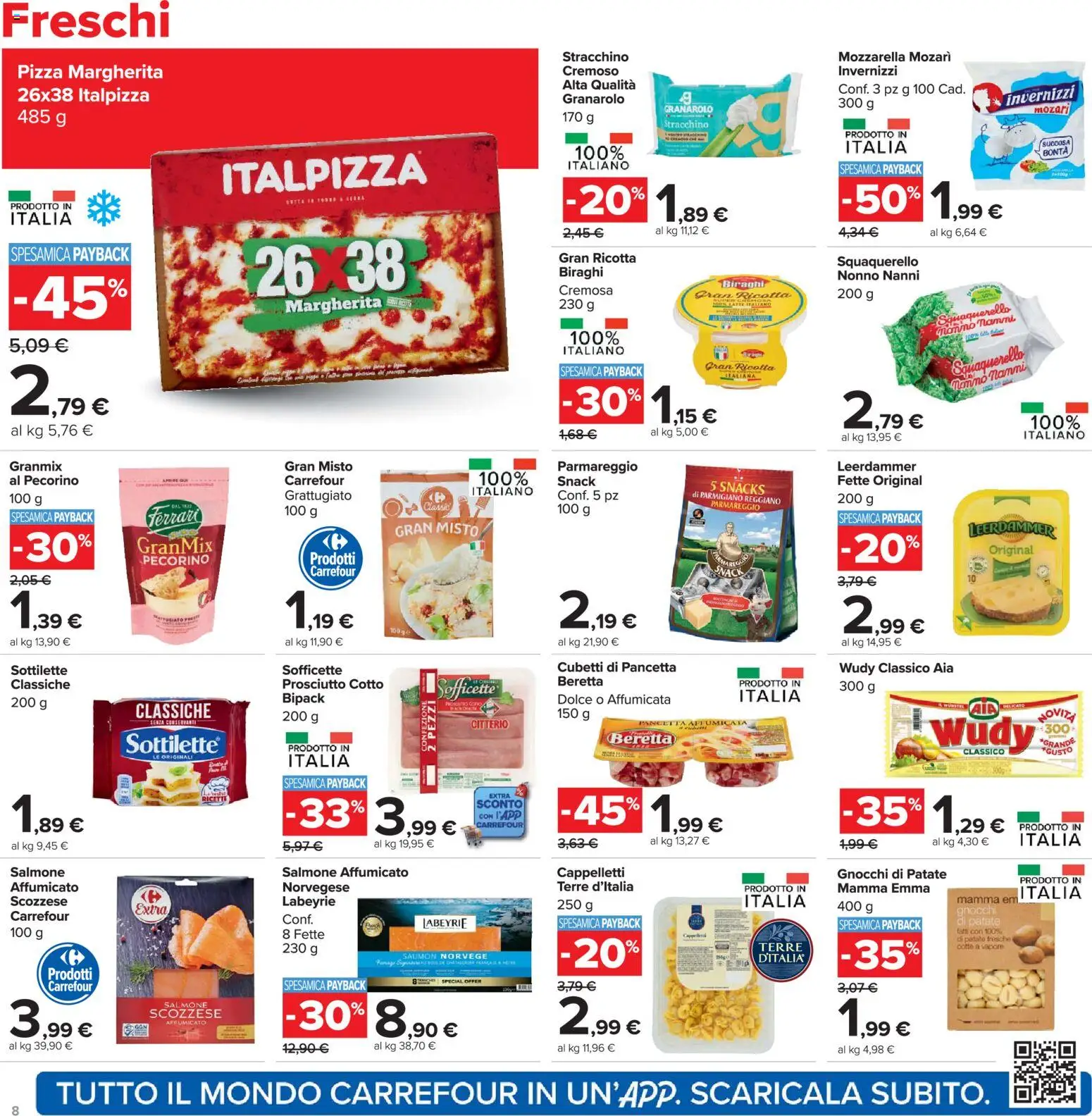 Volantino Carrefour del 13.03.2026 | Pagina: 8 | Prodotti: Salmone affumicato, Pizza, Salmone, Stracchino