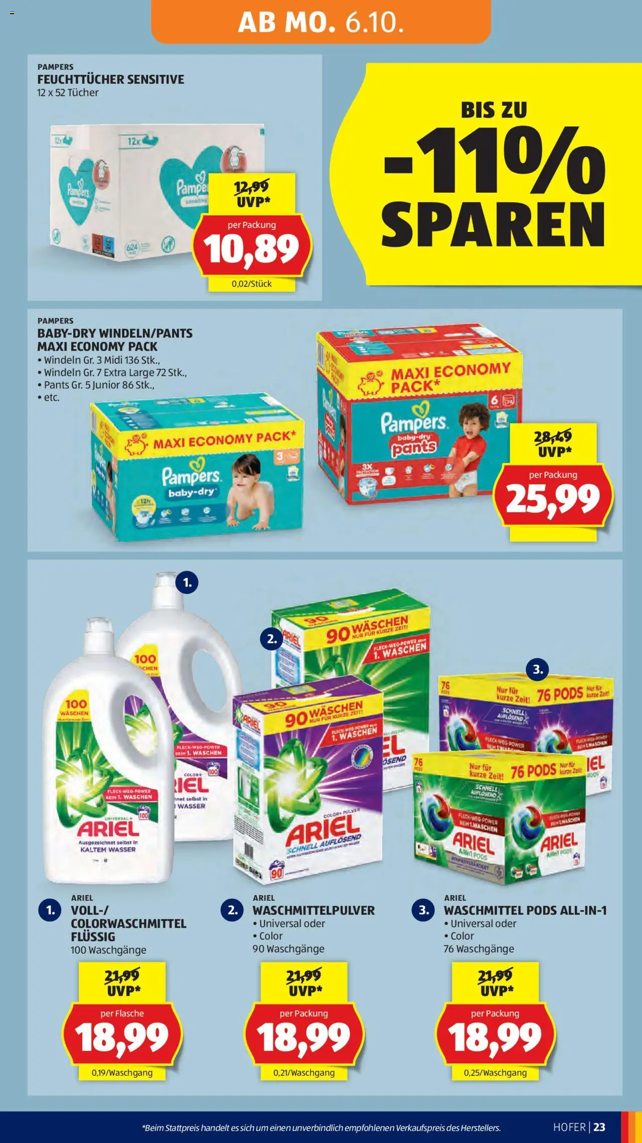 Hofer Flugblatt gültig ab 03.10.2025 | Seite: 27 | Produkte: Wasser, Pampers, Waschmittel