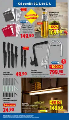 Náhled letáku LIVARNO LED svítidlo pod skříňku, max. příkon: 6,5 W, světelný tok: max. 850 lm, 54,7 x 2,4 x 6,1 cm, 3 nastavitelné tóny bílého světla od 30.03.2026 | Strana: 33 | Produkty: Sprchová hadice, Nože, Kuchyňská baterie, Baterie