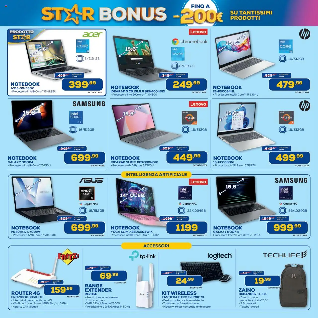 Volantino Euronics del 25.09.2025 | Pagina: 9 | Prodotti: Router, Notebook, Range extender, Tastiera