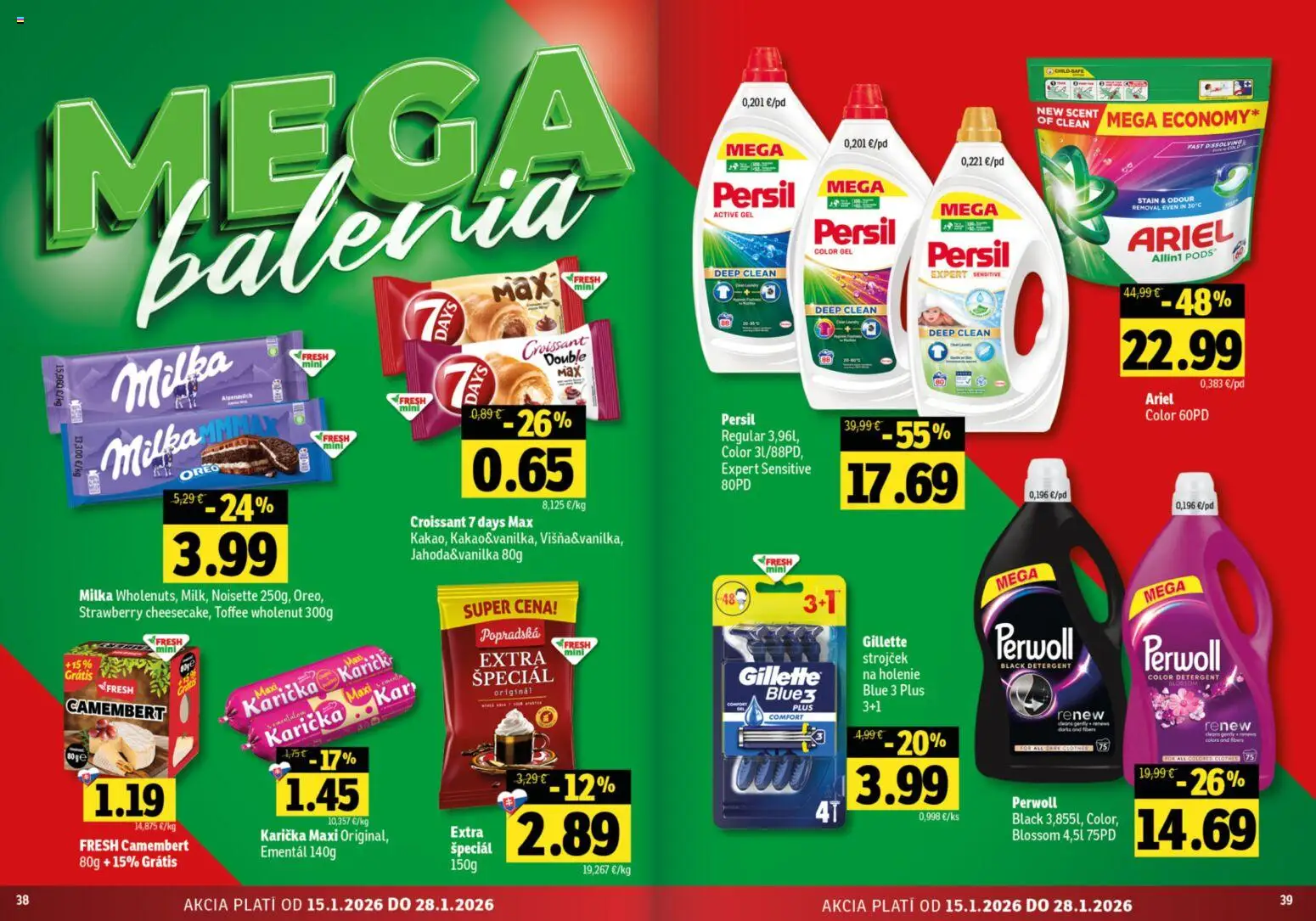 Nové Fresh akcie – leták je platný od 15.01.2026 | Strana: 20 | Produkty: Strojček, Perwoll, Milka
