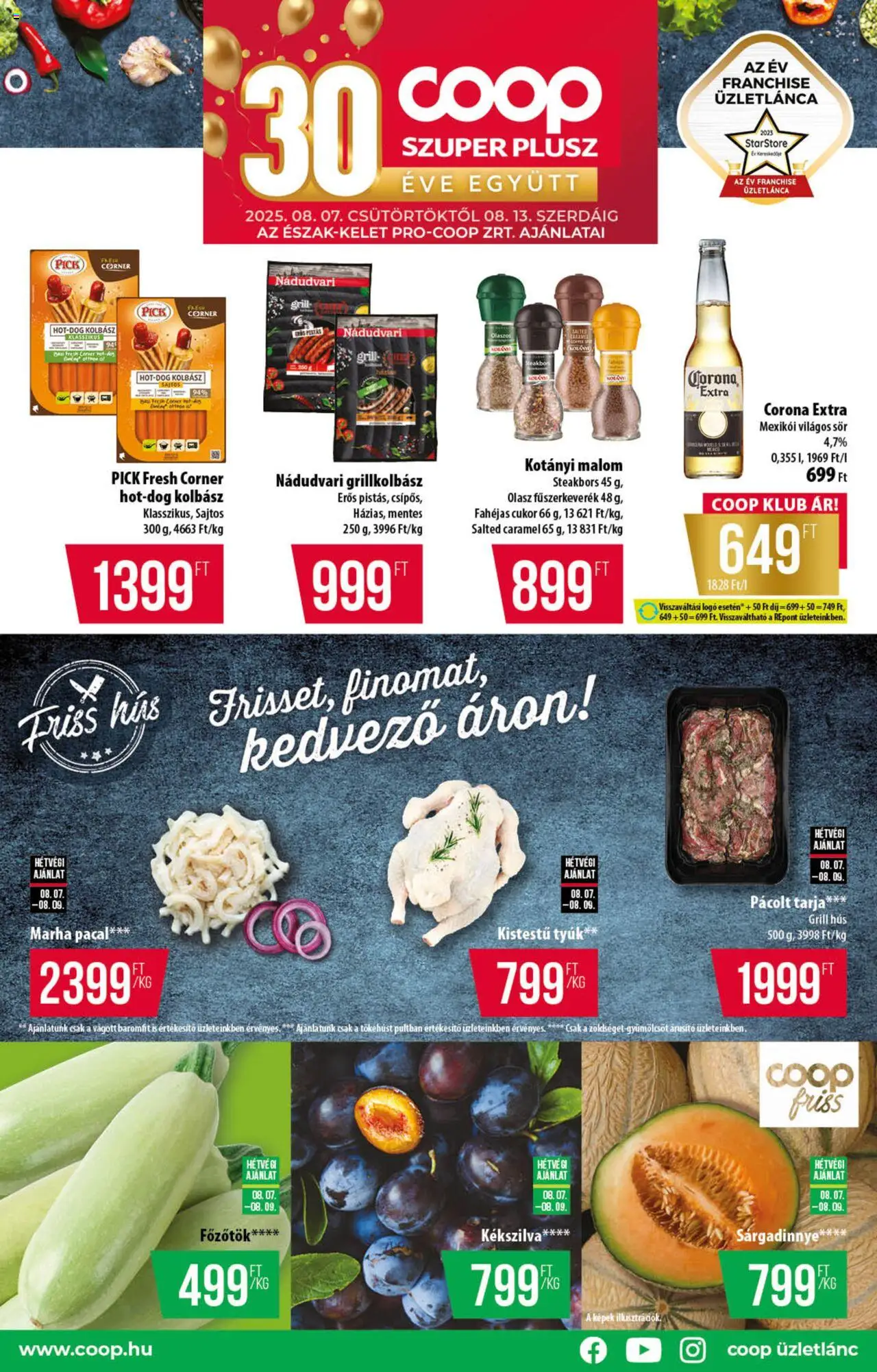 COOP akciós ujság - amely érvényes a következő dátumtól: 07.08.2025 | Oldal: 1 | Termékek: Fűszerkeverék, Grillkolbász, Sárgadinnye, Cukor