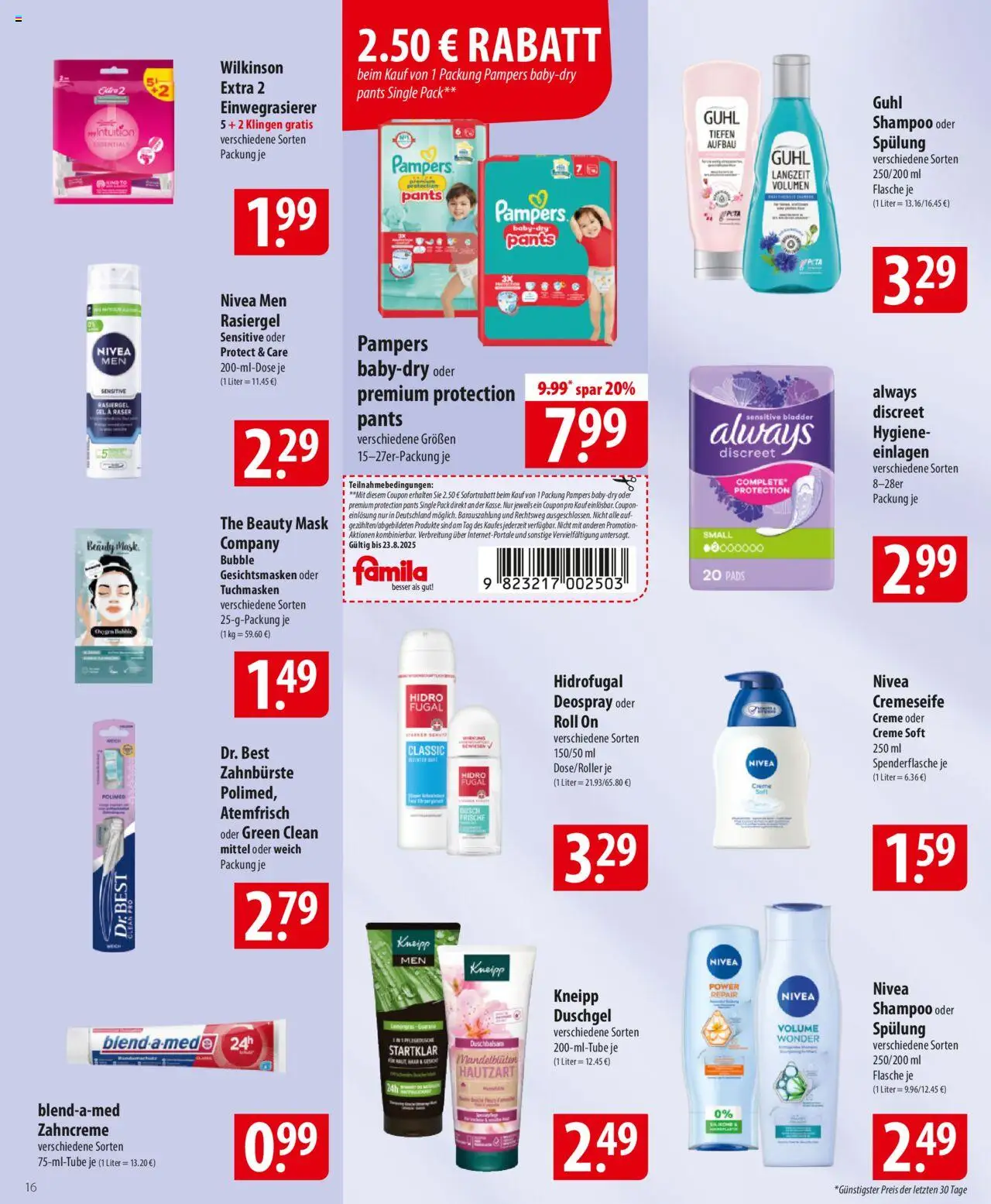 Famila Prospekt 	 - gültig ab dem 18.08.2025 | Seite: 16 | Produkte: Pampers, Spülung, Creme, Zahnbürste