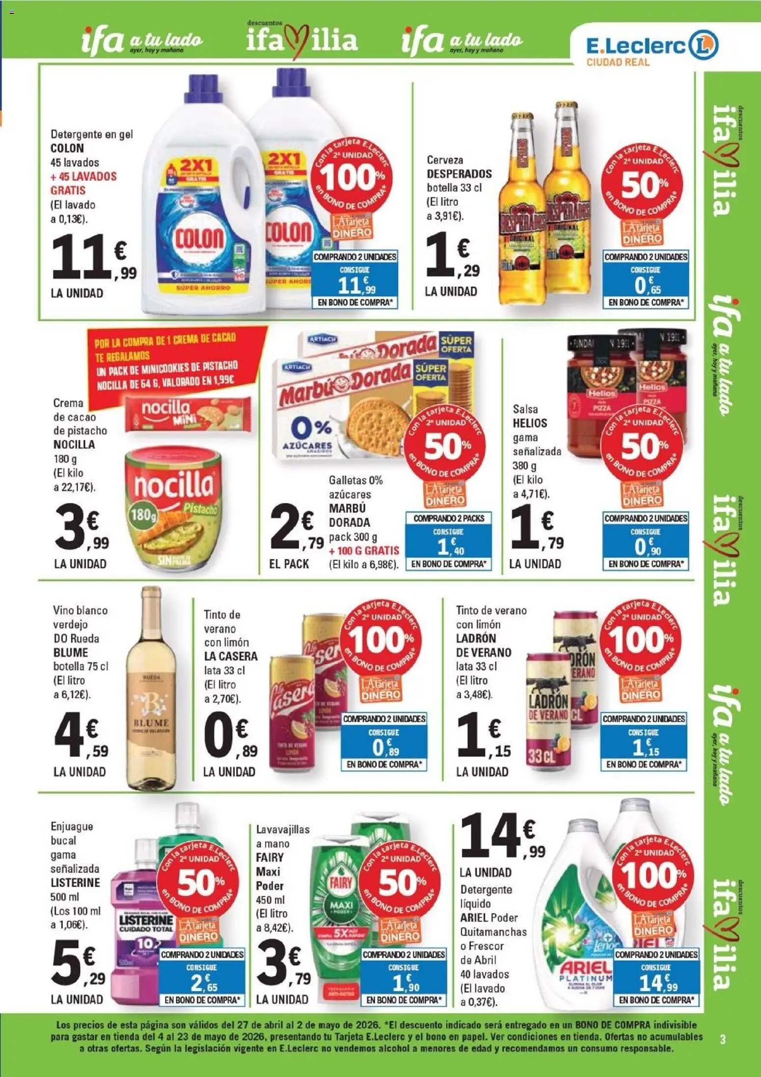 E.Leclerc Ciudad Real │ válido desde el 27.04.2026 | Página: 3 | Productos: Quitamanchas, Crema de cacao, Galletas, Παρμεζάνα