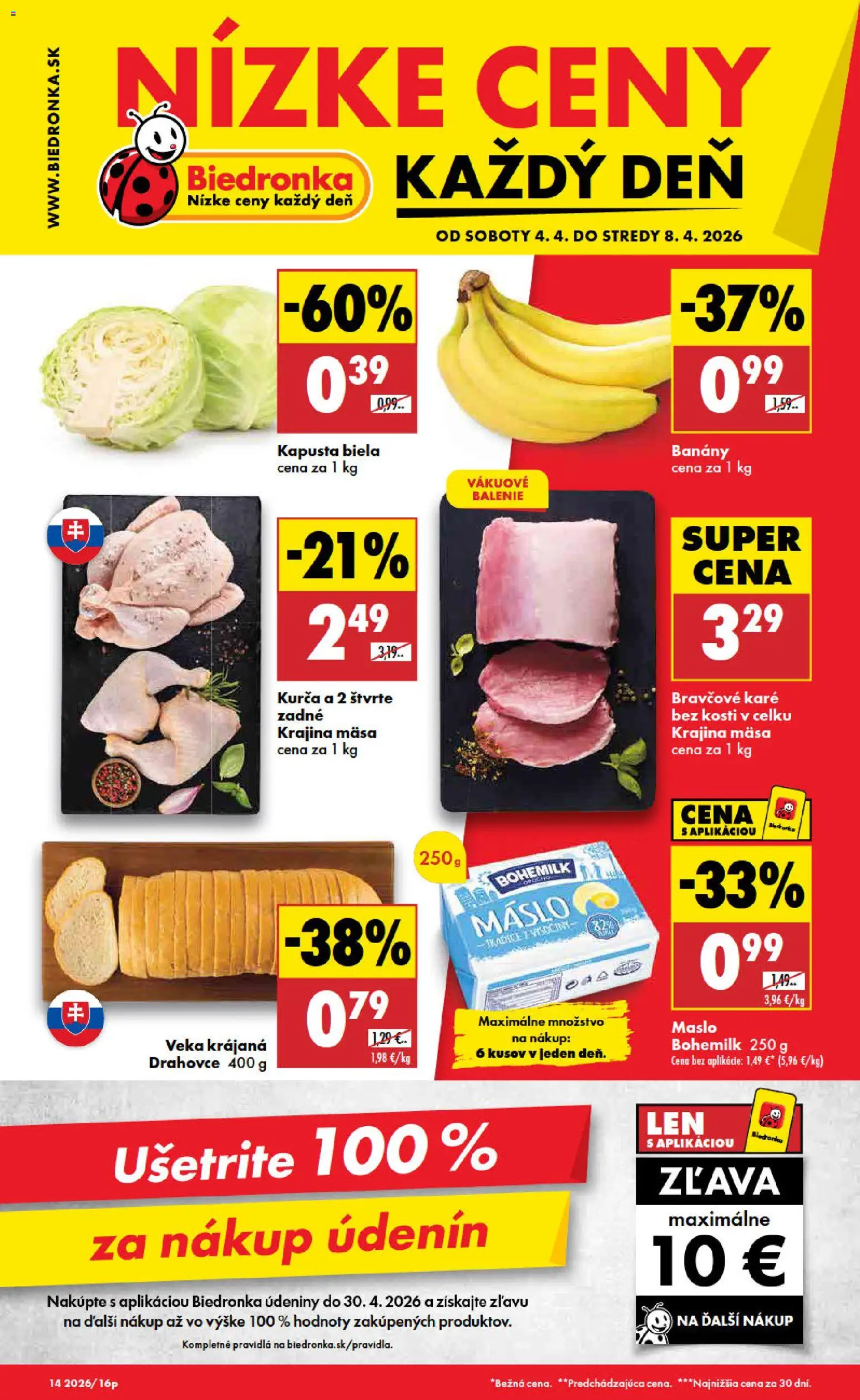 Nové Biedronka akcie – leták je platný od 04.04.2026 | Strana: 1 | Produkty: Banány, Kapusta biela, Kurča, Bravčové karé