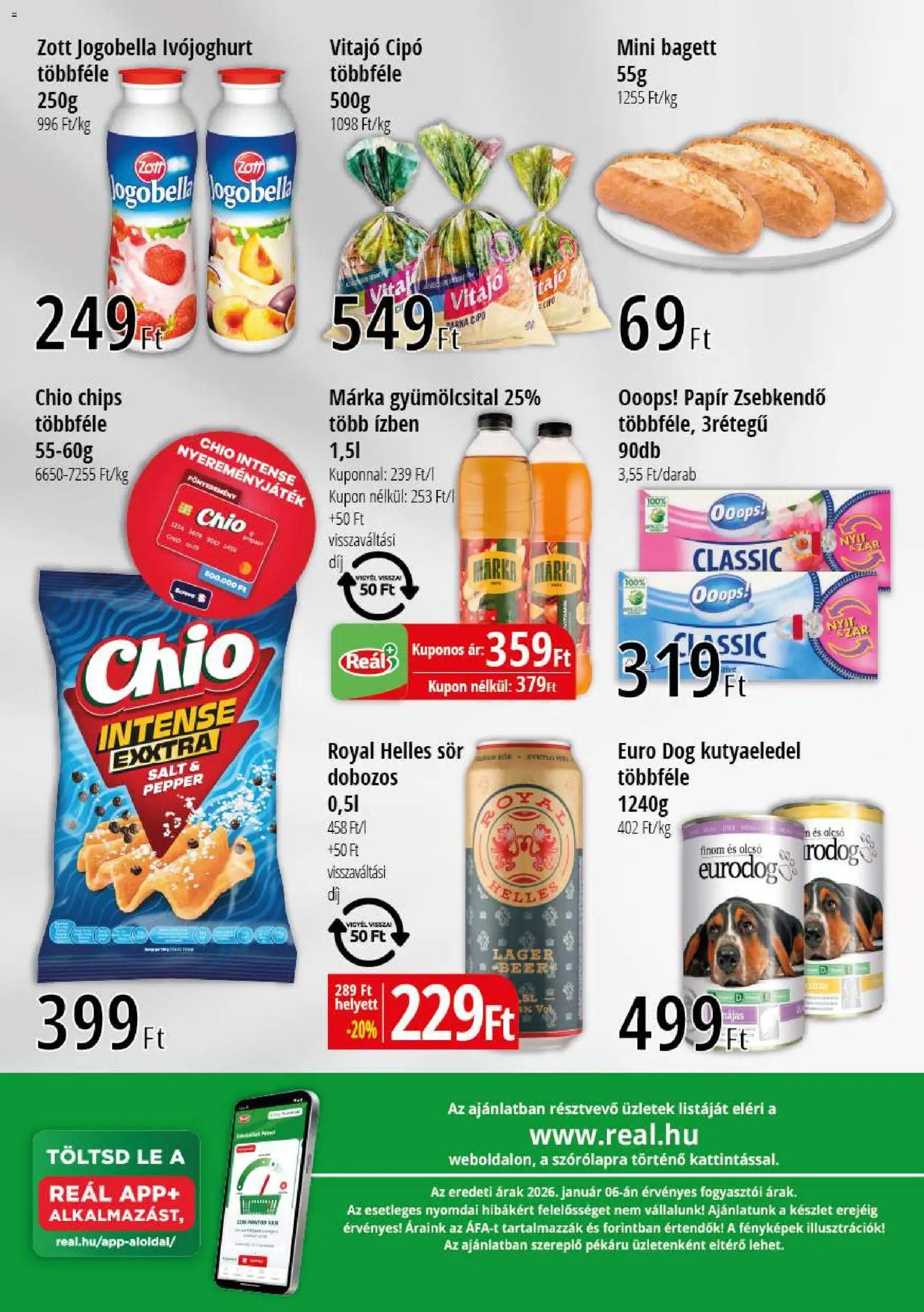 Reál akciós ujság - amely érvényes a következő dátumtól: 15.01.2026 | Oldal: 2 | Termékek: Gyümölcsital, Bagett, Kutyaeledel, Sör