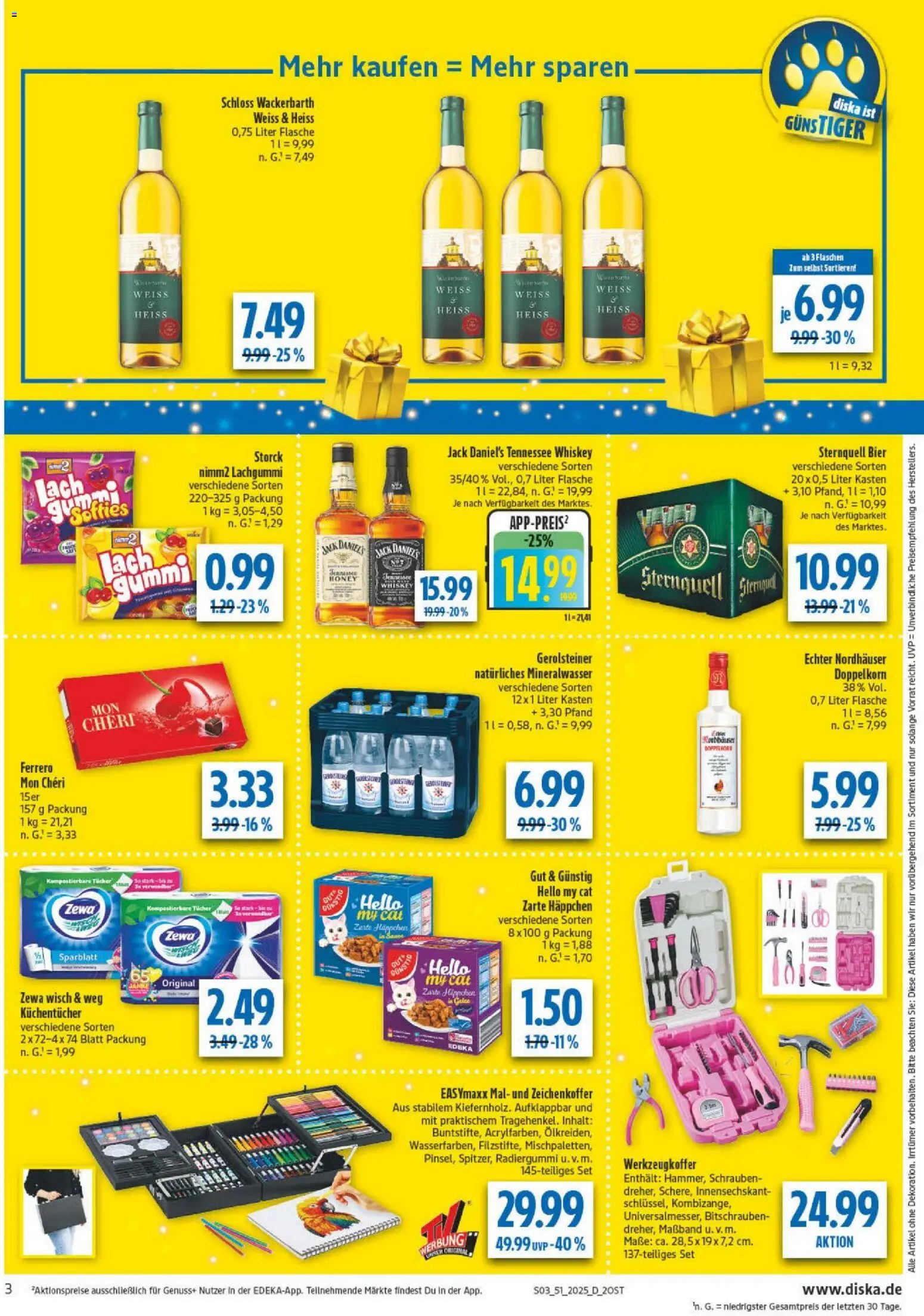 Diska - Diska Angebote Sachsen-Thüringen KW51 – gültig ab 15.12.2025 | Seite: 3 | Produkte: Jack Daniel's, Mineralwasser, Gerolsteiner, Mon cheri