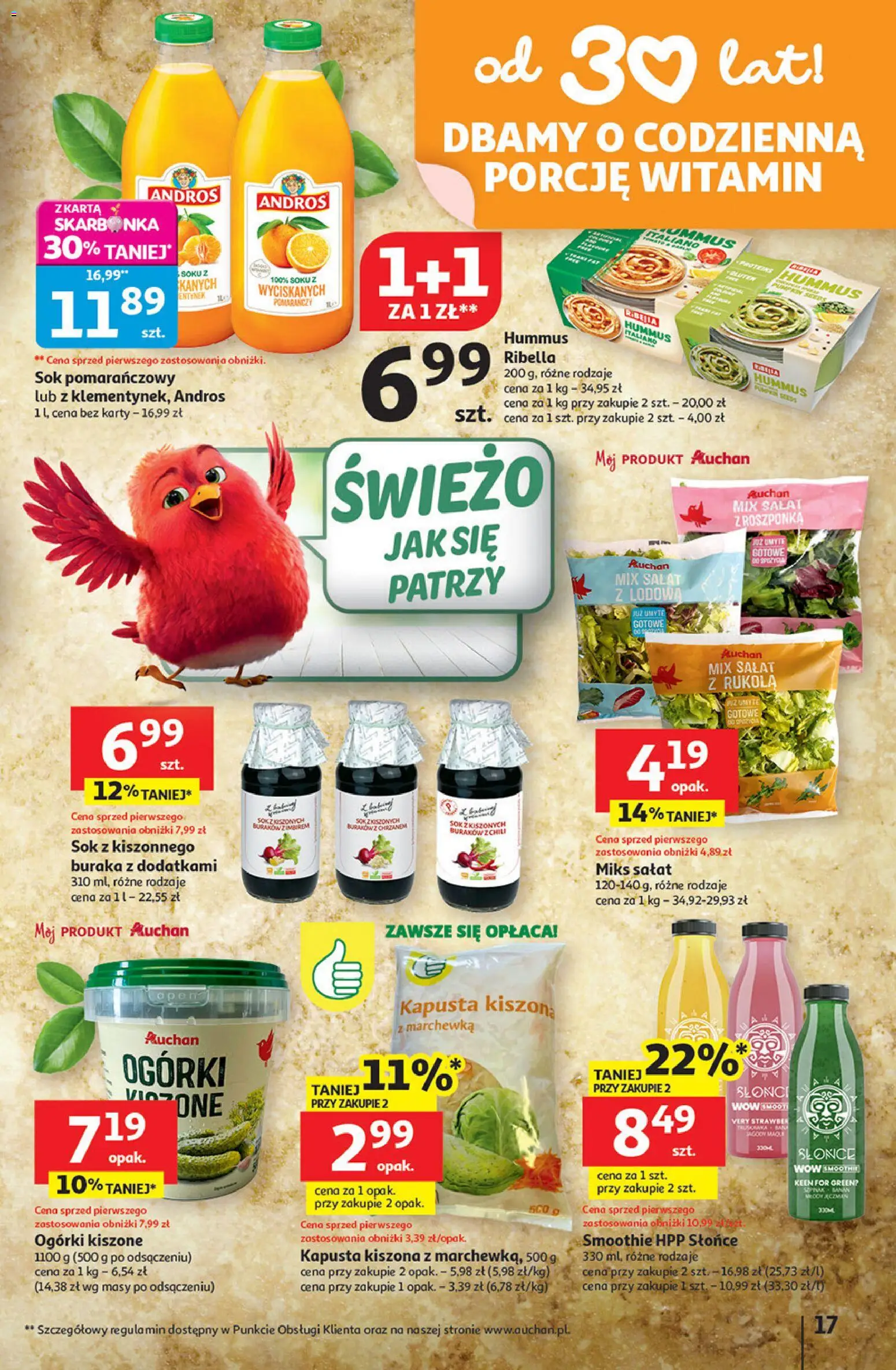 Auchan Gazetka - 30 Lat Hipermarket od 08.01.2026 | Strona: 17 | Produkty: Kapusta, Rukola, Hummus, Ogórki